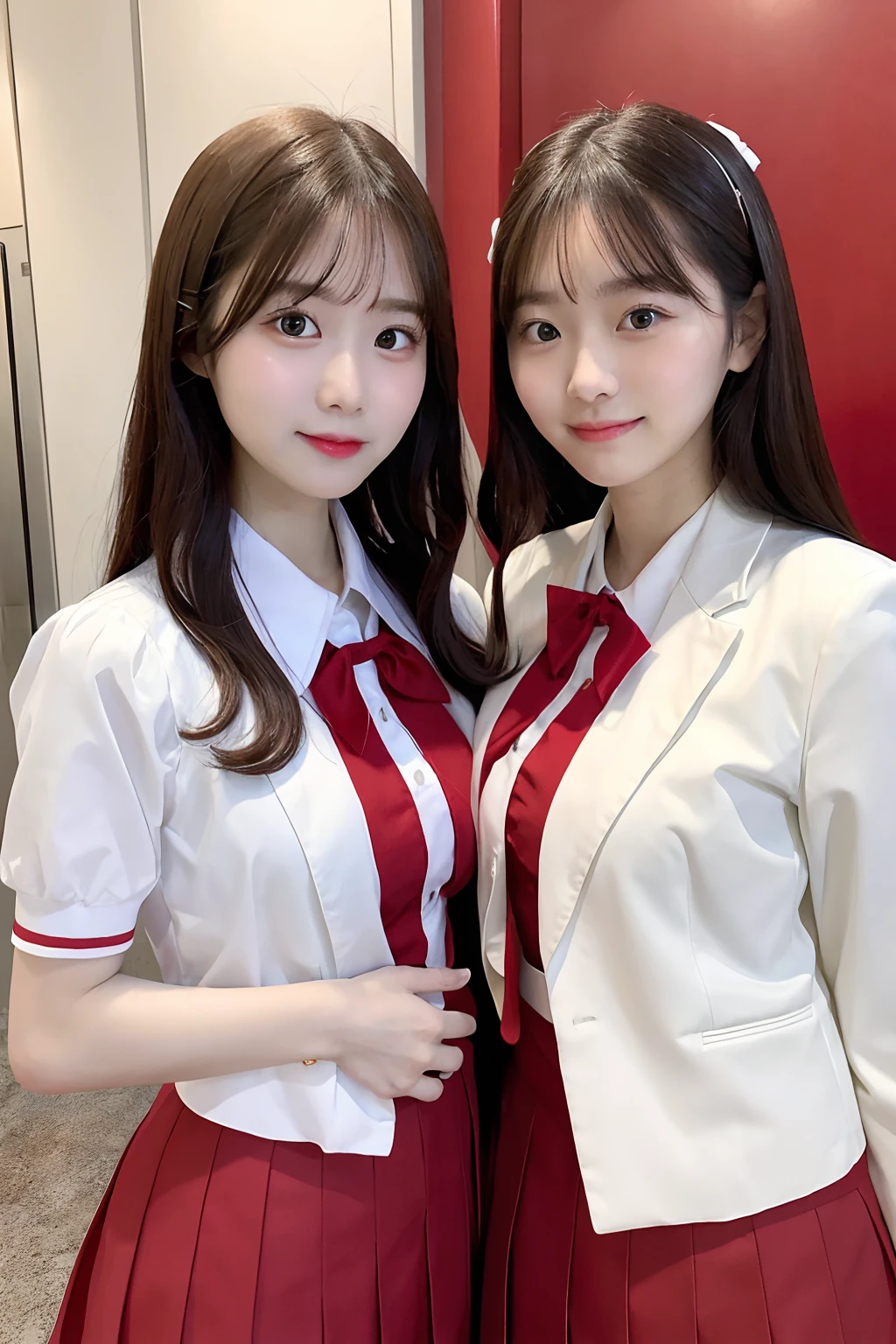 Two women in school uniforms pose for a group photo in front of the red wall, red velvet, inspired by Yanjun Cheng, JK school uniform, jaeyeon nam, wearing white clothes, Two Japanese female students pose for a group photo, with a twin, Bigchest, white red, beautiful gemini twins portrait, in school uniform, seifuku, Official artwork, Red Uniform, White uniform