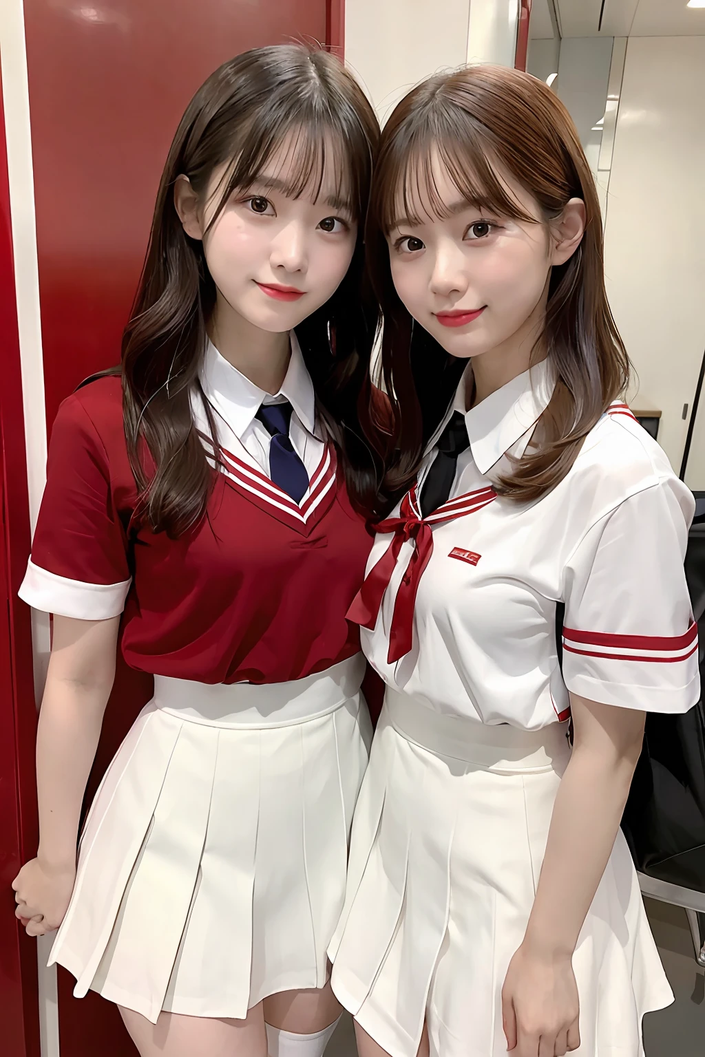 Two women in school uniforms pose for a group photo in front of the red wall, red velvet, inspired by Yanjun Cheng, JK school uniform, jaeyeon nam, wearing white clothes, Two Japanese female students pose for a group photo, with a twin, Bigchest, white red, beautiful gemini twins portrait, in school uniform, seifuku, Official artwork, Red Uniform, White uniform