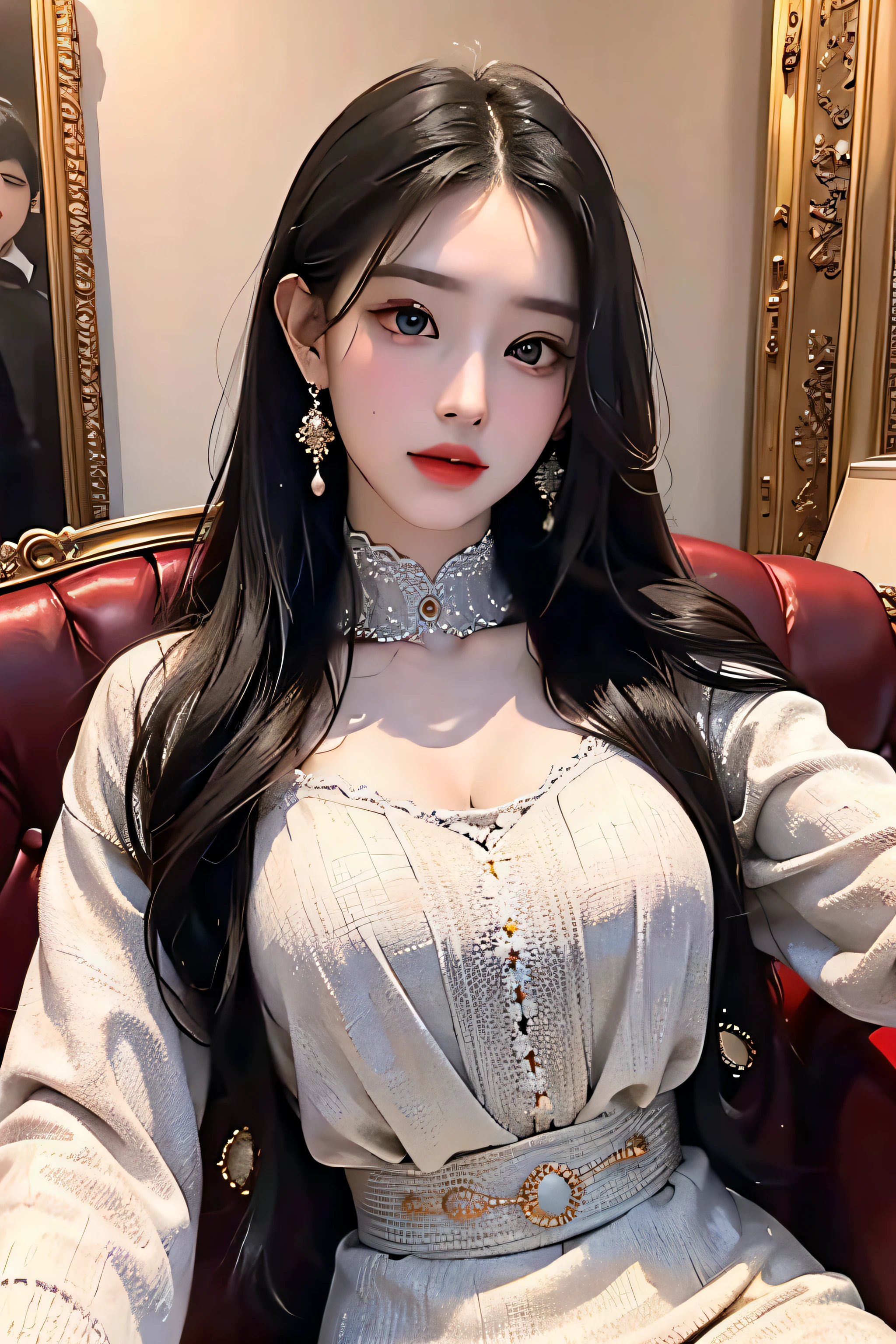 1 Girl, sitting on the classical European sofa, white skin, black hair, long hair with slight curls, exquisite and beautiful big eyes, exquisite features, detailed features, exquisite and gorgeous uniform inlaid with gems, perfect figure,gorgeous classical European study, exquisite and gorgeous furnishings,