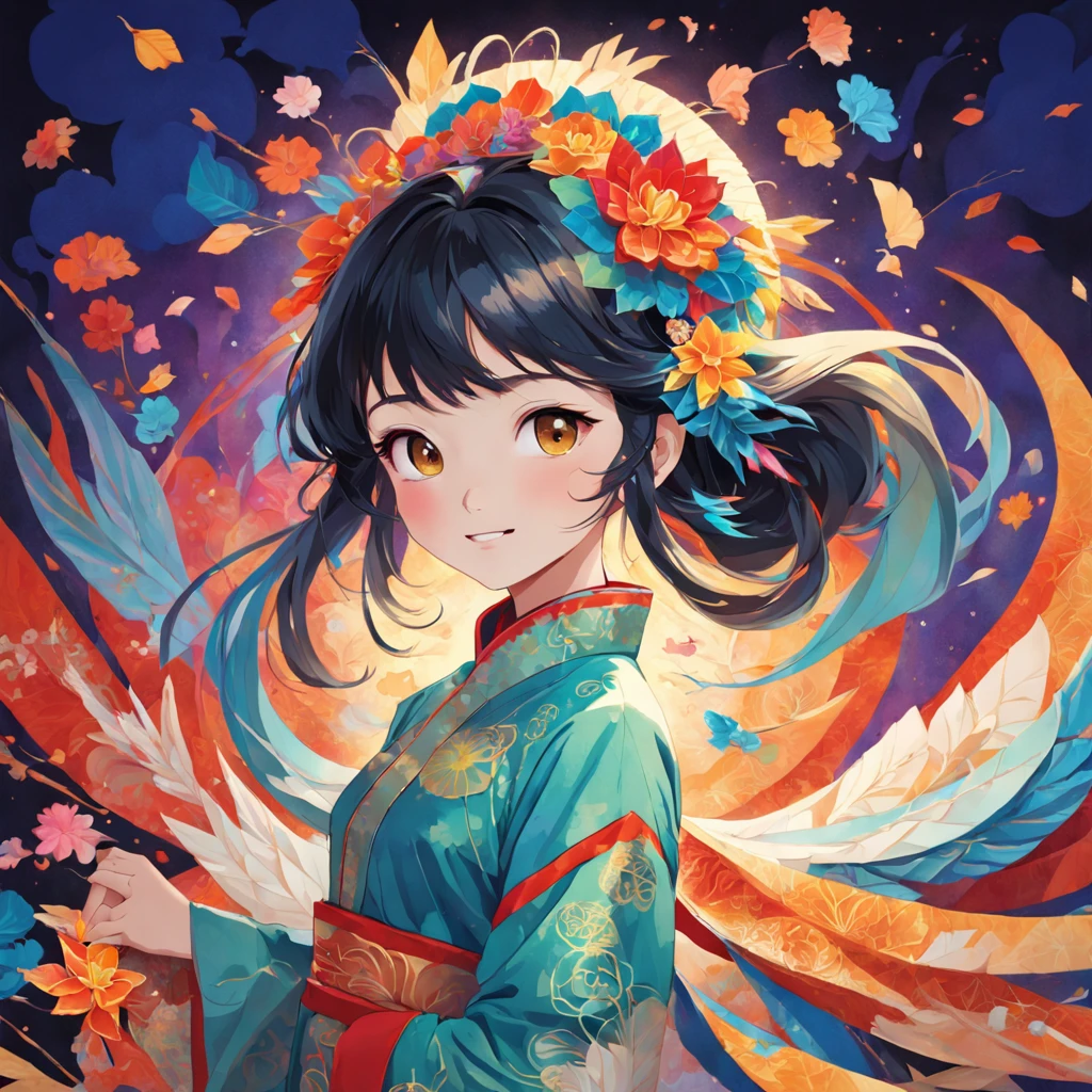 (FULL BODYSHOT:1.4), colorfull background, (1 vietnamese young girl, aodai, nhat binh, nhat binh dress, Halo, Exquisite headdress, Smile), (paper art, Quilted Paper Art, Geometry), highly colorful