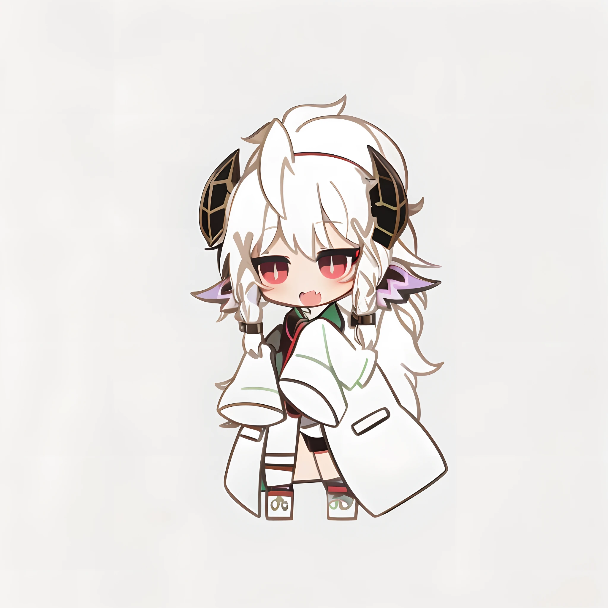 Anime girl with white hair and black ears in a white coat, chibi monster girl, white-haired god, anime moe art style, mika kurai demon, Kantai collection style, style as nendoroid, holding a pudica pose, demon anime girl, nyaruko-san,  girl, Chibi anime girl