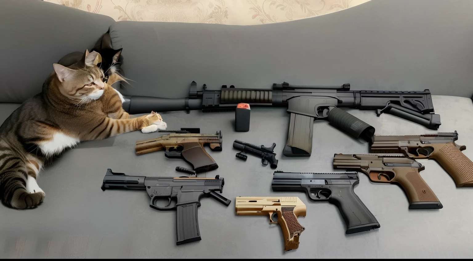 there is a cat that is sitting on a couch，With a bunch of guns, lots of weapon, realistic weapons, Weapons, Firearms, Weapons in hand, military weaponry, armed, airsoft cqb, Uptrend ，, weapons and armors, mid range, Movie firearms, makeshift weapons, Airsoft pistols, abandoned weapons, lower quality, Realistic guns