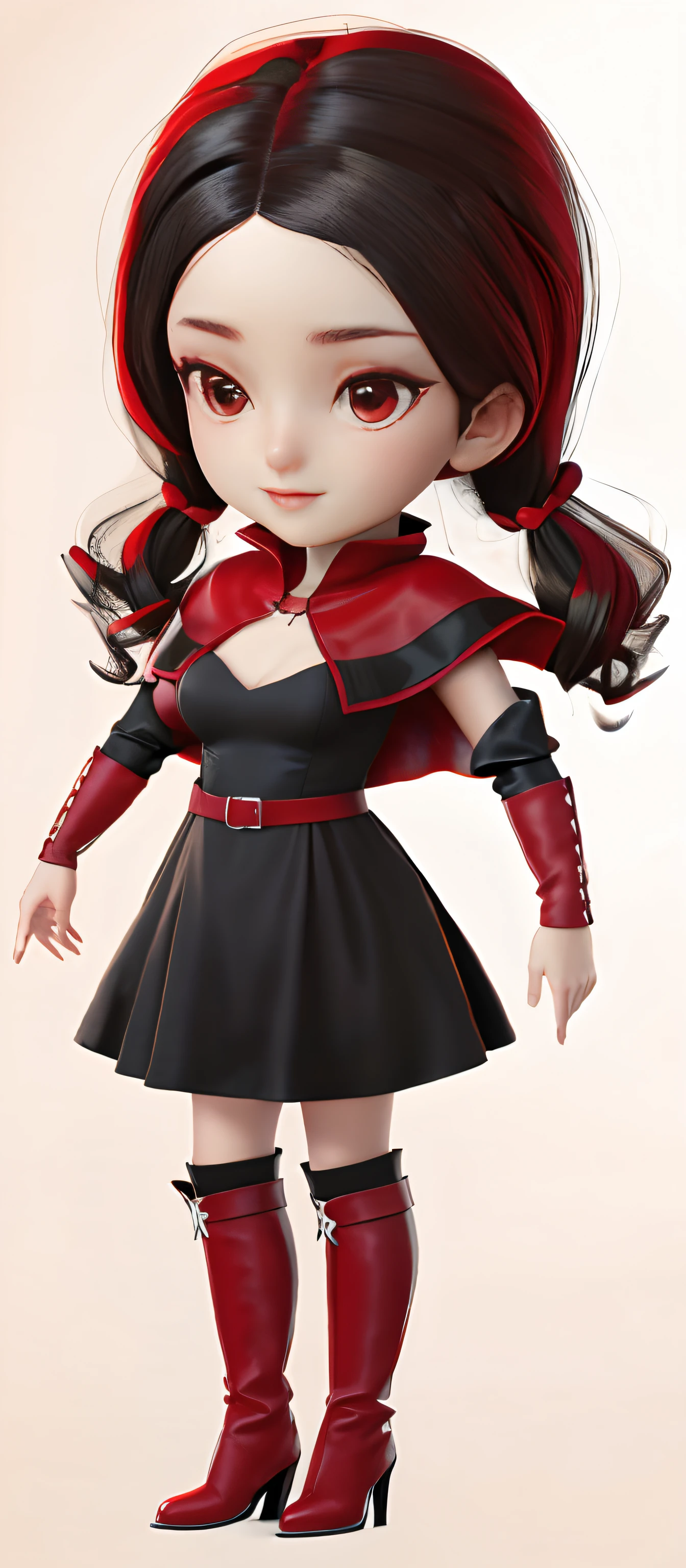 Woman in black dress,Red boots and red cape, Girl in black dress, nedium breasts , low-contrast, Plain fabric,