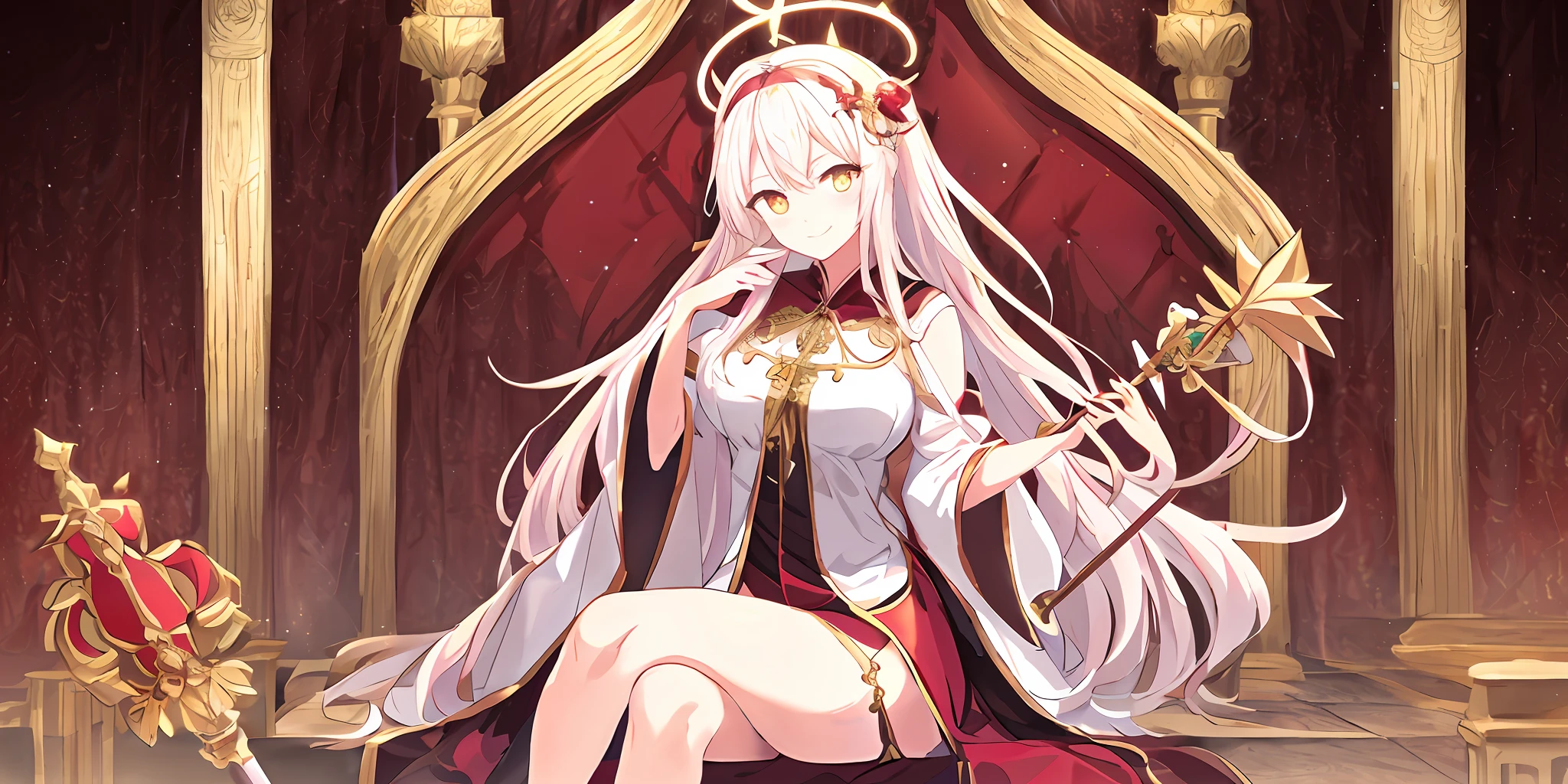 Pope full body,On the scepter,seated on a throne,((Robe with intricate patterns)),red shawl,(1个Giant Breast Girl),(独奏),(cute anime face),Gold eyes,long white hair,ssmile,The halo,(Sit on a low throne),In a magnificent castle,ultraclear