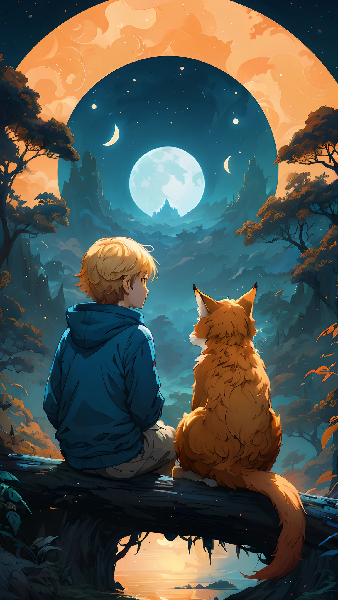 there is a boy and a fox sitting on a tree branch, ross tran and michael whelan, cyril rolando and goro fujita, beeple and jeremiah ketner, inspired by Cyril Rolando, cyril rolando and m.w kaluta, cyril rolando and m. w kaluta, edgar maxence and ross tran, calm night. digital illustration