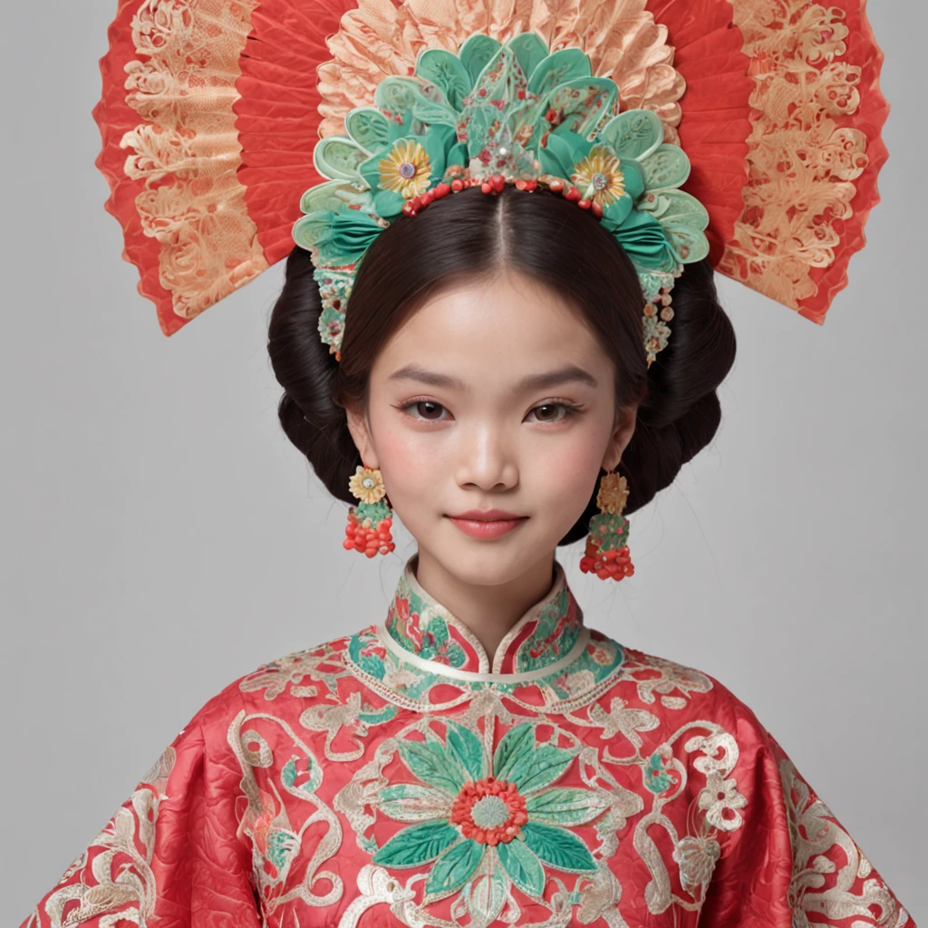 (FULL BODYSHOT:1.4), colorfull background, (1 vietnamese young girl, aodai, nhat binh, nhat binh dress, Halo, Exquisite headdress, Smile), (paper art, Quilted Paper Art, Geometry), highly colorful