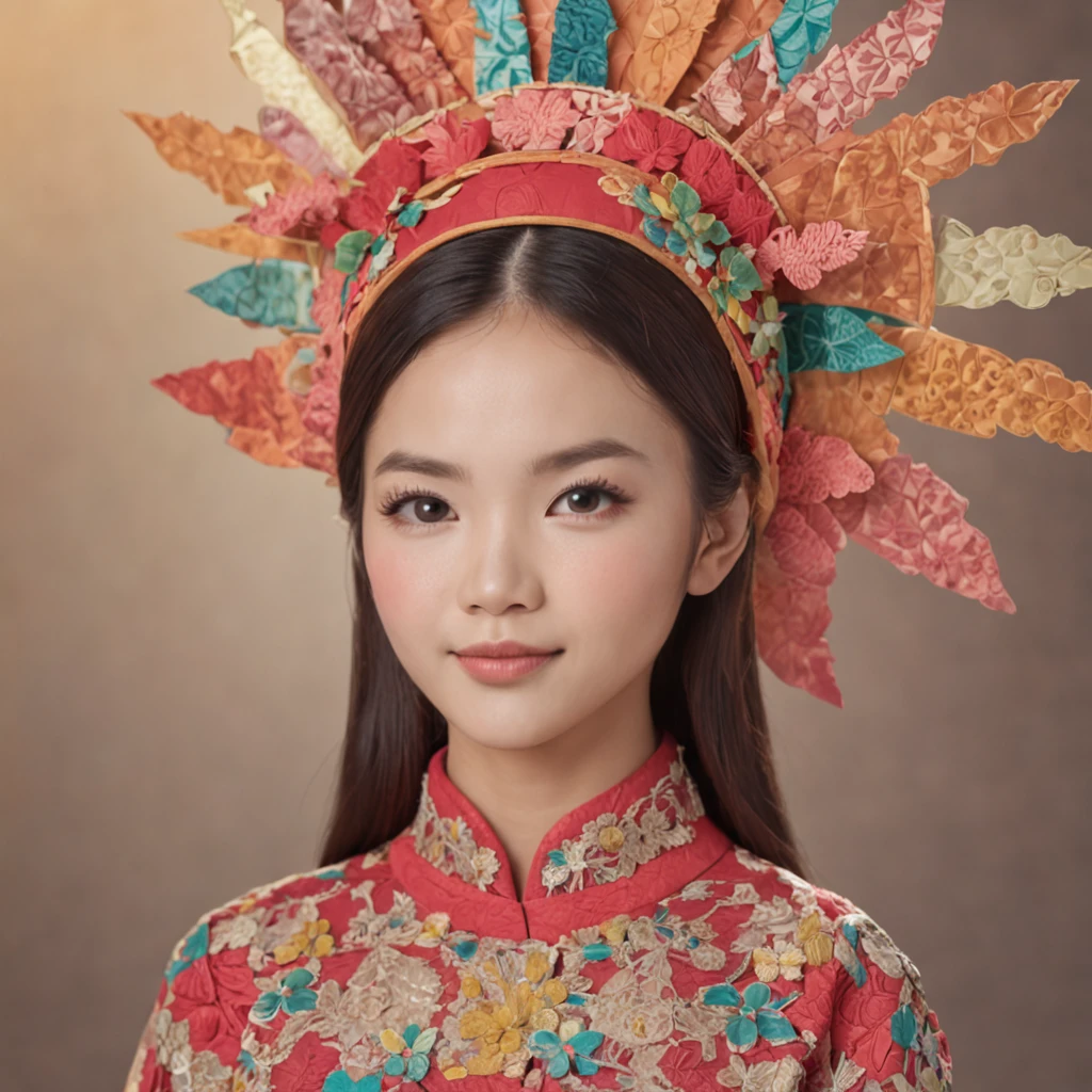 (FULL BODYSHOT:1.4), colorfull background, (1 vietnamese young girl, aodai, nhat binh, nhat binh dress, Halo, Exquisite headdress, Smile), (paper art, Quilted Paper Art, Geometry), highly colorful