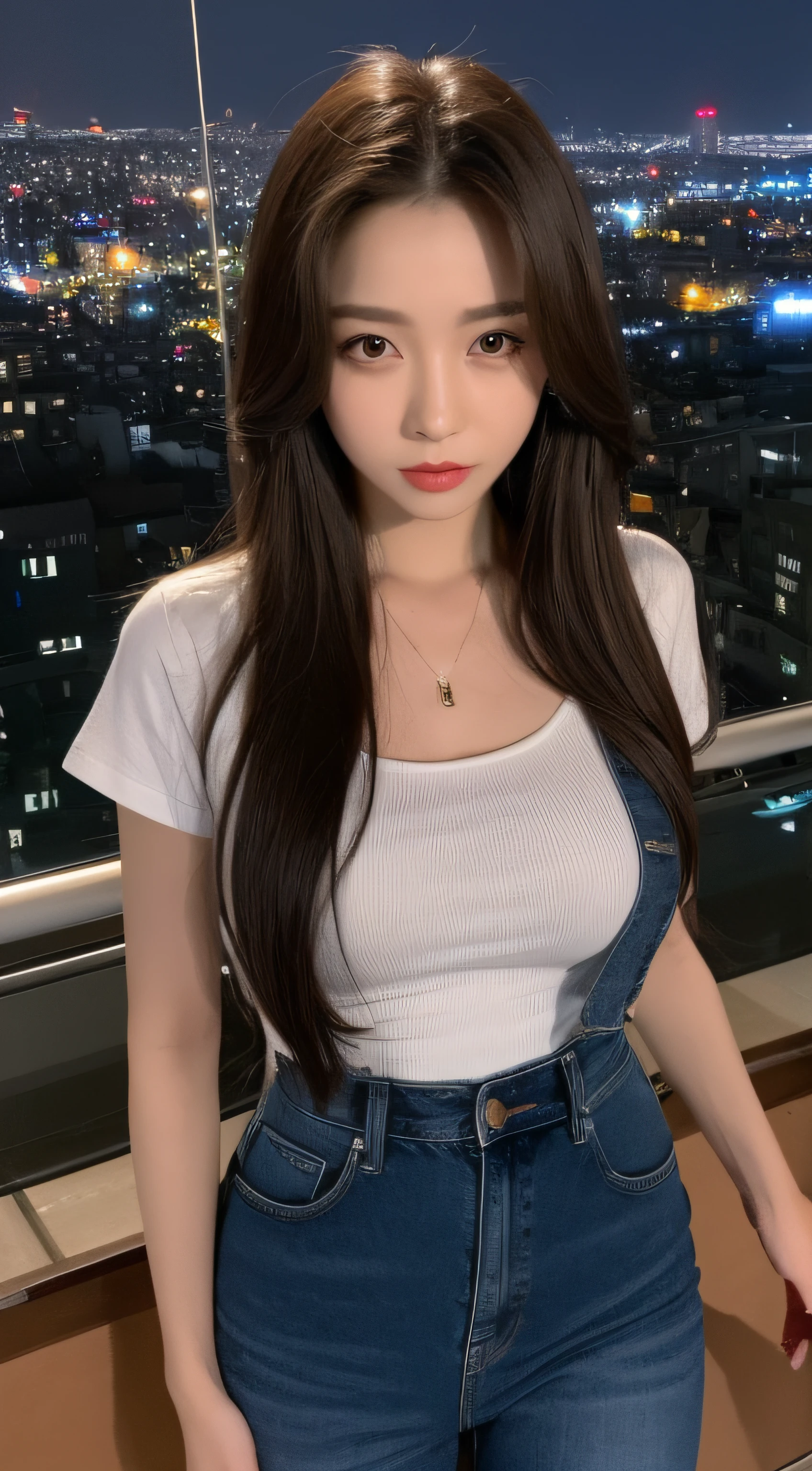 ((Midnight, Best quality, 8k, Masterpiece :1.3)), Whole body, Long legs, Sharp focus :1.2, A pretty woman with perfect figure :1.4, Slender abs :1.1, ((Dark brown hair, Big breasts :1.2)), (White tight tshirt, Jean bib, Standing:1.2), ((Night city view, Rooftop:1.3)), Highly detailed face and skin texture, Detailed eyes, Double eyelid