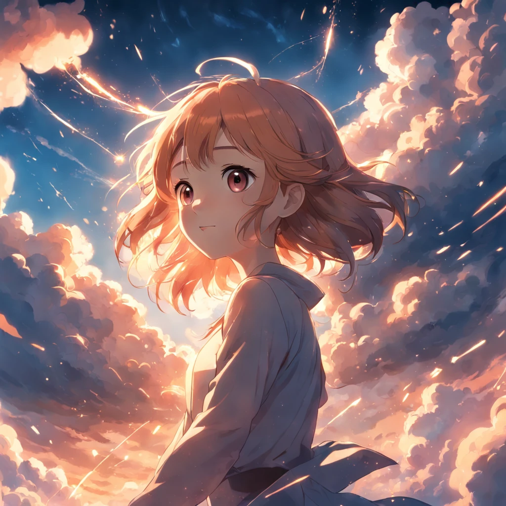 masterpiece, best quality, movie still, 1girl, cloud girl, floating in the sky, close-up, bright, happy, warm soft lighting, sunset, (sparks:0.7)
