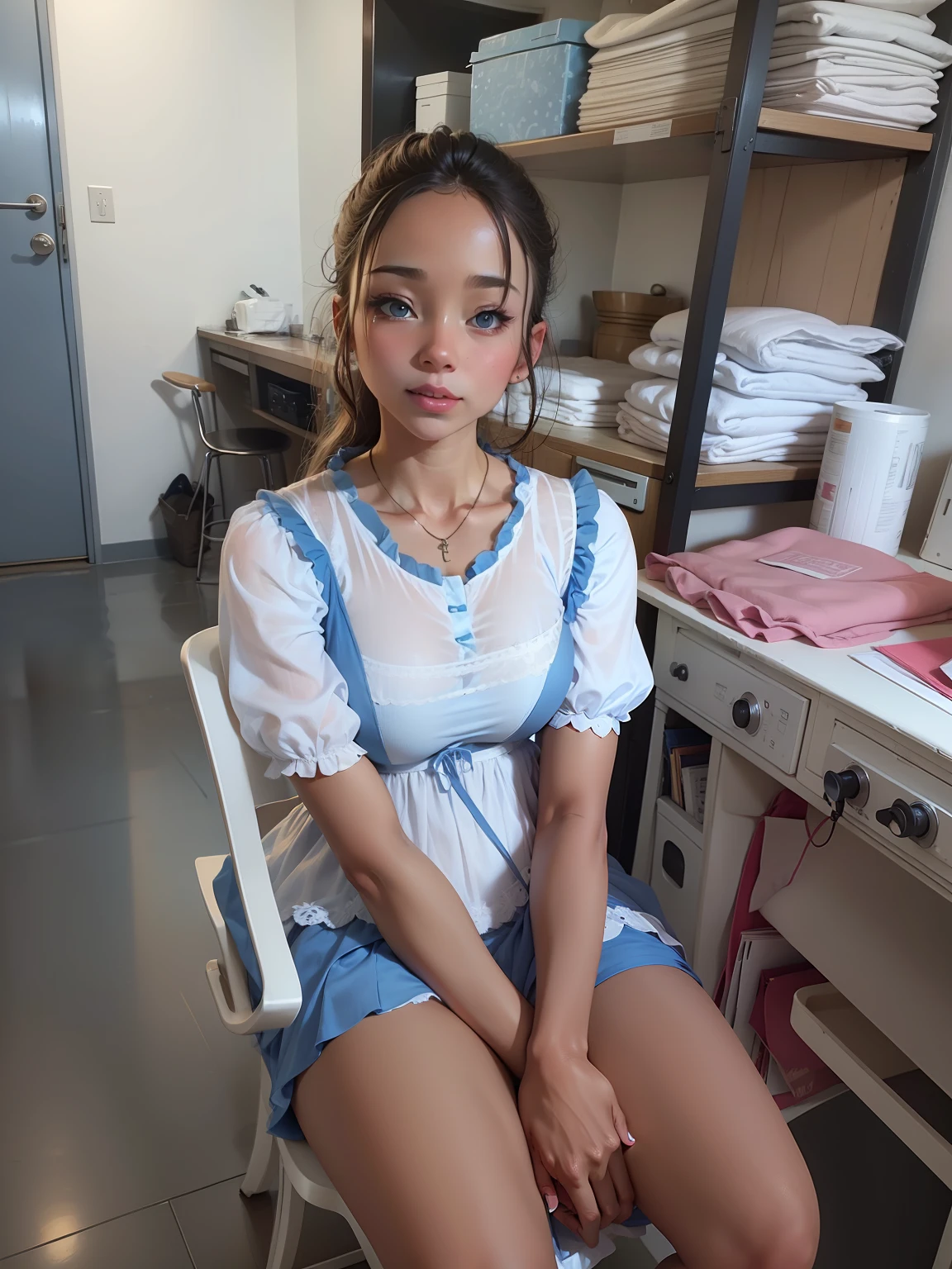 Wearing a light blue gauze dress cute，big breasts beautiful