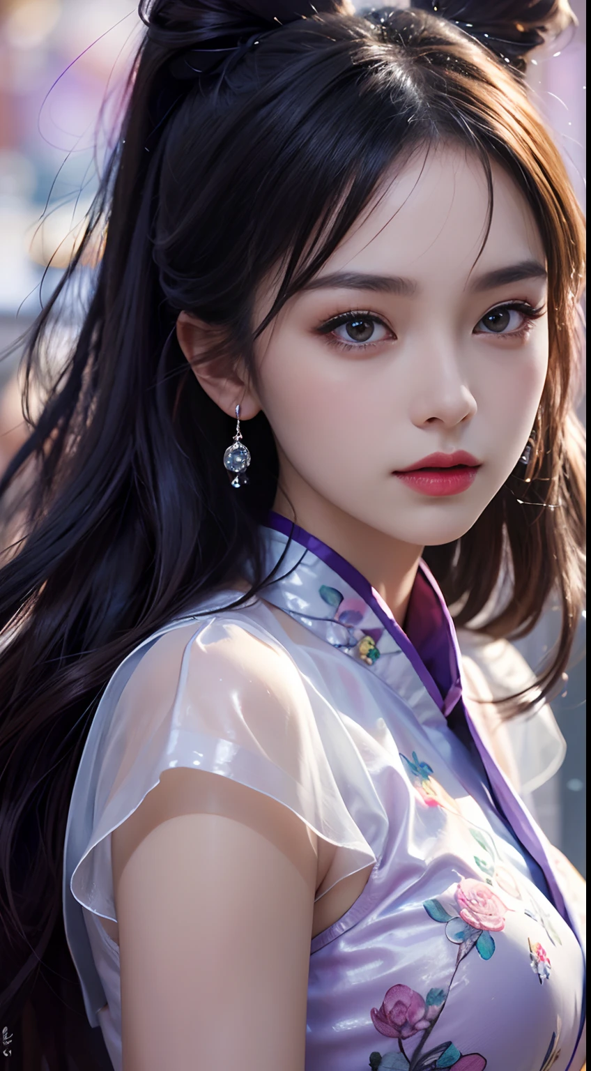 1 Very beautiful girl in hanbok costume, Light purple silk shirt with a lot of white motifs, White lace shirt, Long platinum purple ponytail with long bangs, Gorgeous Hair Jewelry, Cute and cute face, face perfect, Jewelry Earrings, light purple rabbit ears, Antique Jewelry, meticulously drawn large purple eyes, meticulous makeup, Thin eyebrows, High Nose, Clean red lips, not smiling, pursed lips, blush, breasts expansion, Big breasts, proportional breasts, Slim waist, purple mesh socks, Chinese style Han style, Fictional art patterns, vivid and realistic colors, RAW images, photorealistic photos, Ultra-high-quality 8K surreal photos, Extreme Photography, (Virtual Light Effects: 1.8), Pixel 10x, Magic Effects (Background): 1.8), Super Eyes Detail, Portrait of a beautiful girl on the body, Girl alone, ancient hanfu background, See your audience directly, Wide original image, The 8k quality, super definition, The most detailed and clear images, Detailed light background,