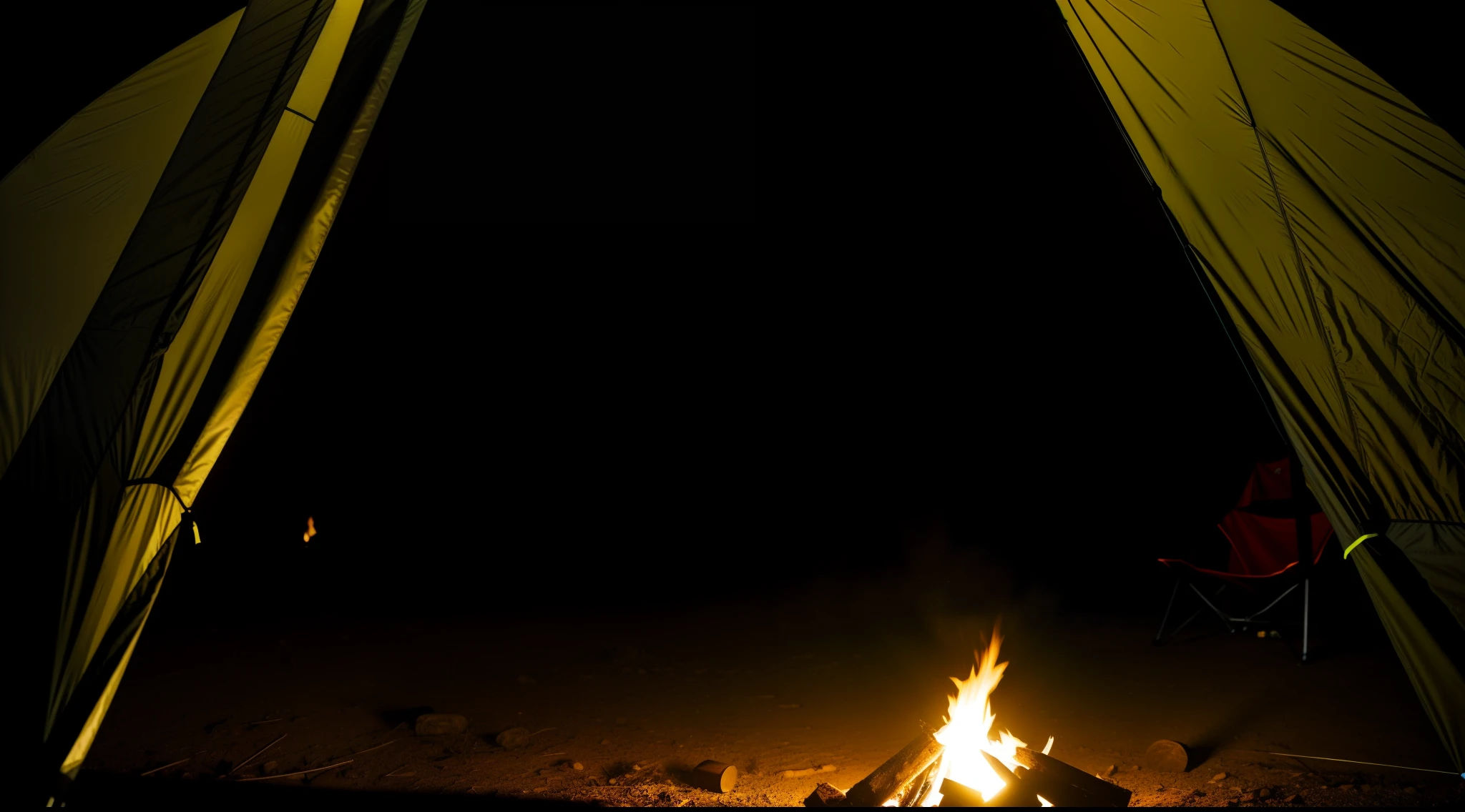 with black background,By the campfire,interior of a tent,In the distance is the forest,Warm atmosphere,Reallightandshadow,Shot with a digital camera,hdr,Close-up shot,Sit around the campfire,sense of security,Bright picture,first person perspective,Close-up of the inside of the tent