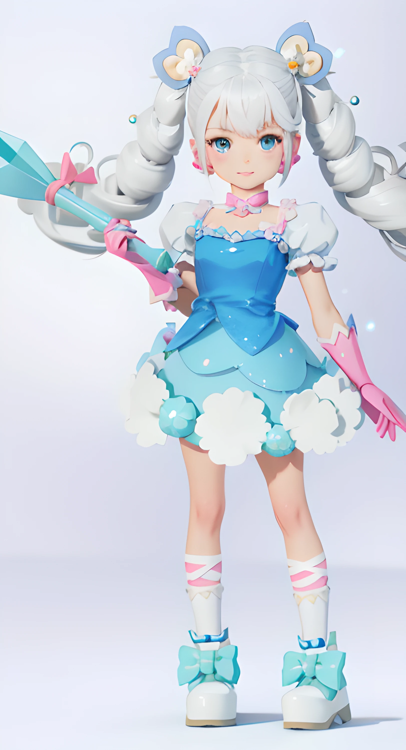 There is a cartoon girl wearing a blue dress and a pink bow, anime styled 3d, render of a cute 3d anime girl, Stylized anime, style of magical girl, render of april, sparkling magical girl, Anime Stylization, full body render, soft 3d render, portrait of magical girl, y 2 k cutecore clowncore, cloud goddess