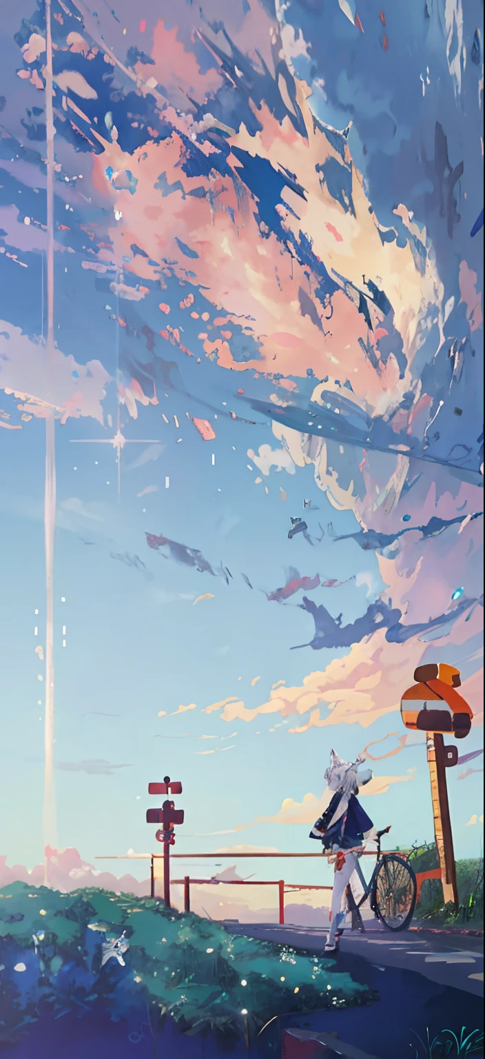 Anime Sky, anime backgrounds, Anime art wallpaper 8 K, anime landscape wallpapers, Anime Cloud, Anime background art, Anime art wallpaper 4 K, Anime art wallpaper 4k, 4K anime wallpaper，In the lower right corner, there is a beautiful girl with short white hair and white silk with animal ears, carrying a gun and a bicycle