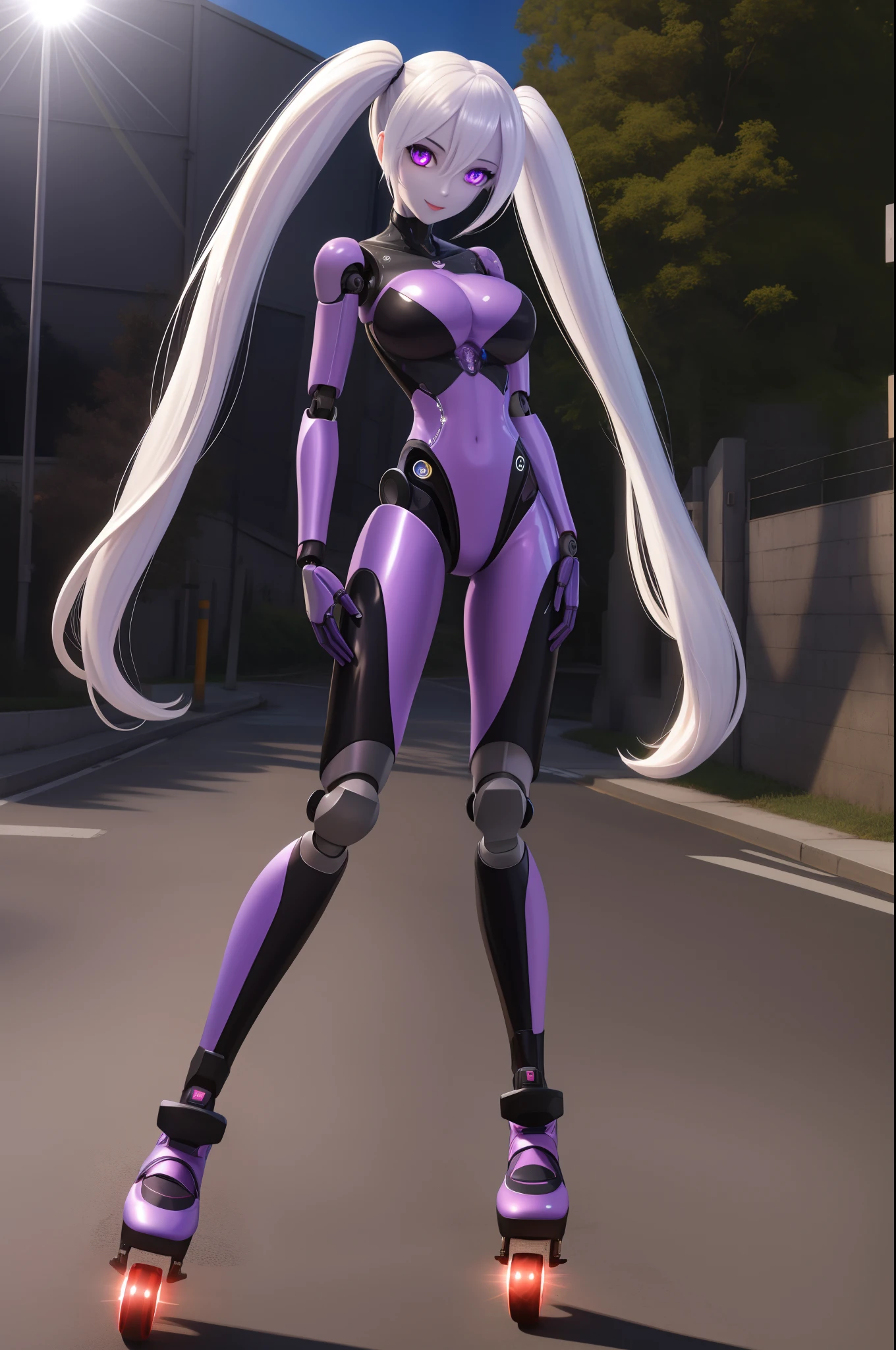 1girl, humanoid_robot+, robot_joints+, robot, hightech_robotics, solo, android, cyborg+, glossy shiny purple_skin, colored_skin, (pale skin:1), glowing eyes, outdoors, masterpiece, highres+, absurdres, 4K, 8K, 16K, hyper-detailed, deep eyes, stunning, intricate, sharp, smooth, realistic, large breasts, happy, v sign, twintails, rollerblades