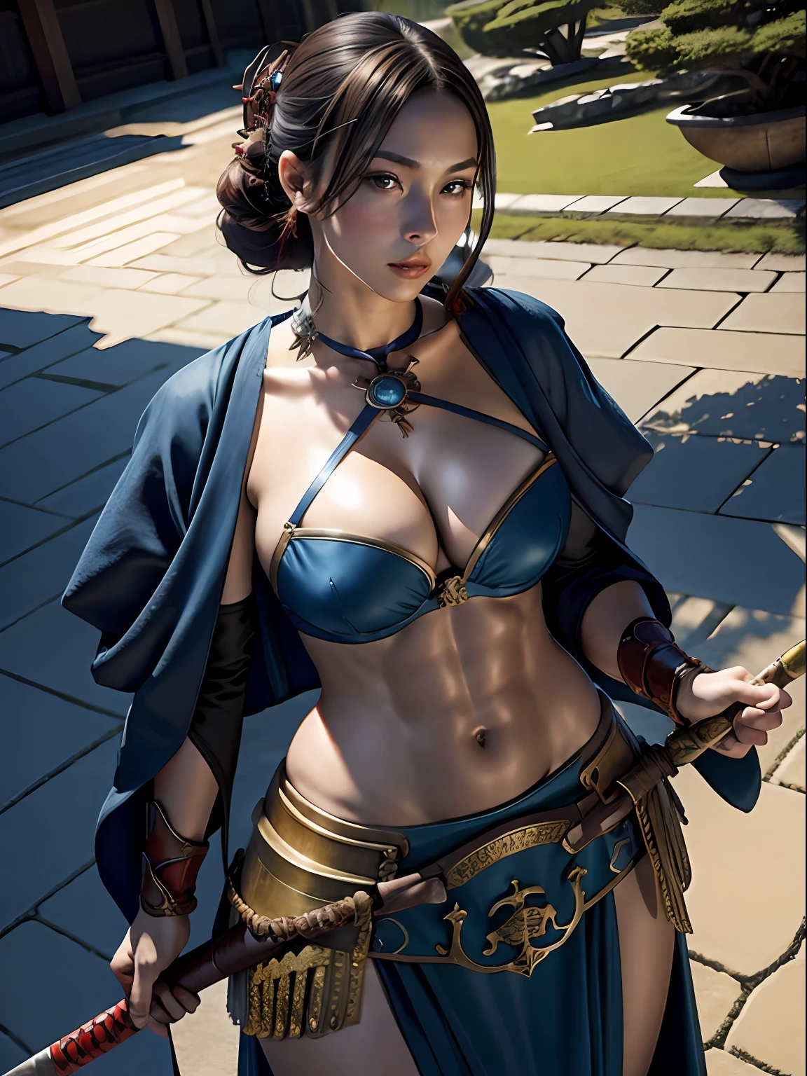 Split abs, large full breasts, Best Quality, masutepiece, 超A high resolution, (Photorealistic:1.4), arma, Detailed face, 1girl in, Sword weapons, cleavage, (Magic Circle:1.2), a beauty girl, Full body, Edo period of Japan, Townscape of the Edo period, Samurai, Japan, Fantasy, High quality, ultra detailed in 4k, 8K, High resolution, fantasy coverart style, medieval times, Sharp Focus, depth of fields.