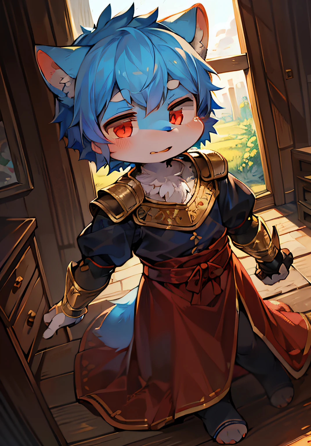 Masterpiece,High quality,abstract res,Digital painting\(artwork of a\), by Dagasi, Yupa,Kiyosan,(anthro,Fluffy fur,Character focus:1.1),Short hair,eyes with brightness, in a panoramic view, Character focus.(detailedbackground:0.7), 独奏, shaggy, shaggy male, malefocus, Around (Full Body Furry, Fluffy tail, It's blue fur,red color eyes, 1.2), (Dragons,the little prince:1.2)(Morning:1.1)The hair is sky blue,The tail is long,Will drag on the ground,adolable,Dumb cute,Full Body Furry,In the sale of moe,Beasts,Dress up as a guard,Wear knightly armor,He had a sharp sword in his hand