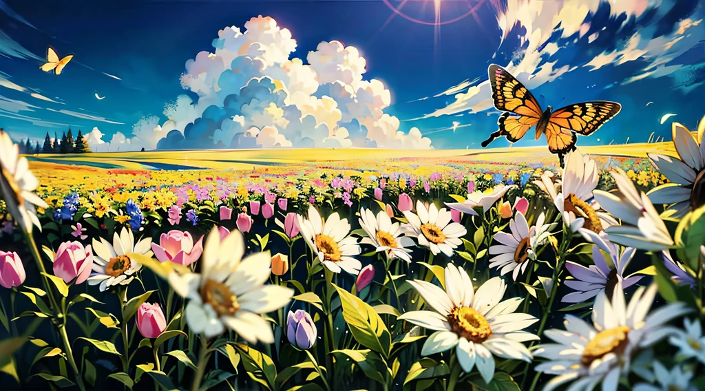 (Mono Color:0.9),(a color:1.1),(tmasterpiece:1,2), best qualtiy, tmasterpiece, High- sharpness, Original, extremelydetailedwallpaper,From the picture, We can see the trees on the shore towering into the clouds,The branches are full of flowers,Flocks of butterflies dance among the flowers,In this garden-like world,It looks even more beautiful and sacred,cinema shot