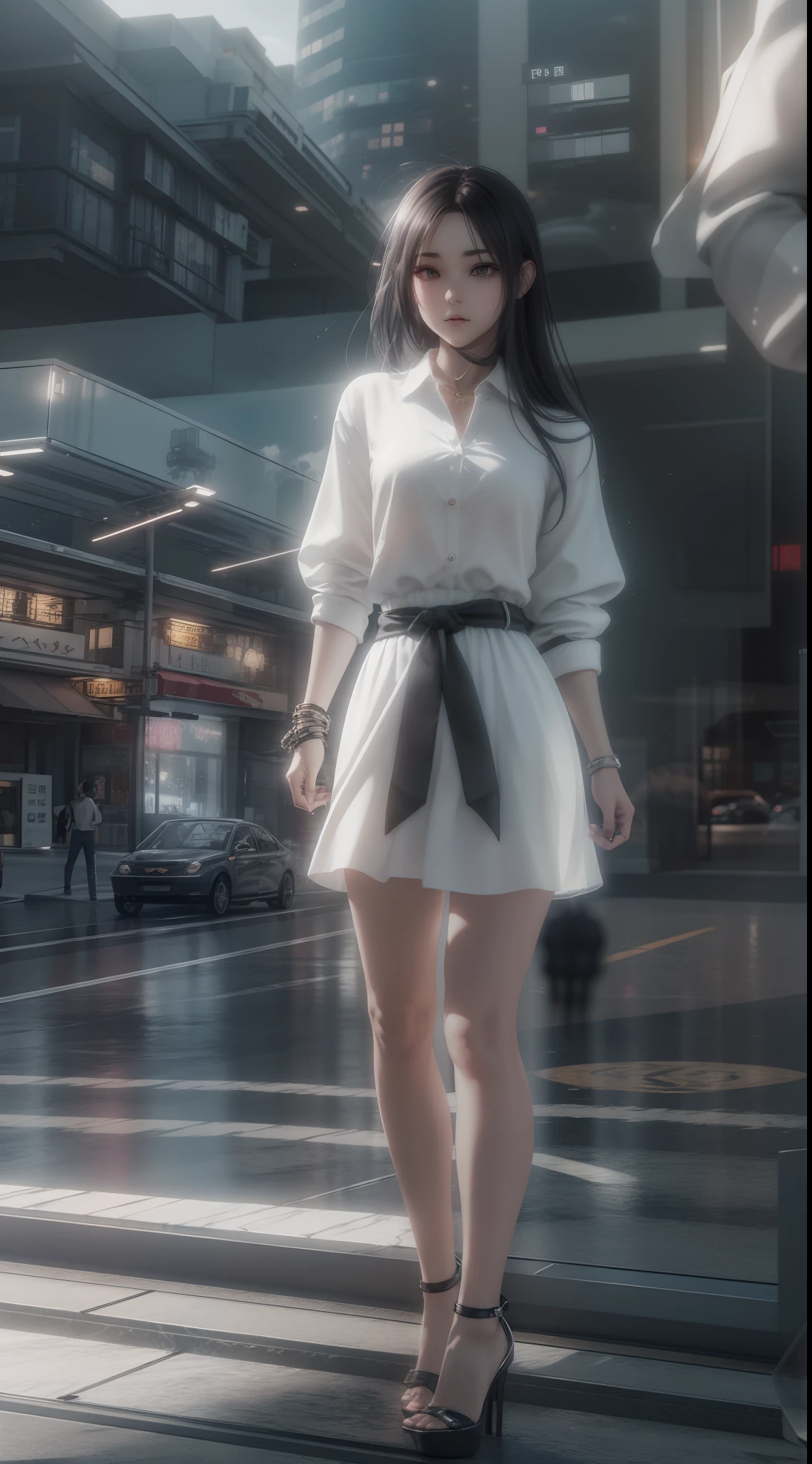 ((best qualtiy)), ((tmasterpiece)), (A detailed:1.4),((full bodyesbian)),Enhanced dynamic perspective,beautiful sexy girl,夏天,white shirt,Step skirt,high-heels,Black silk pantyhose,耳Nipple Ring,Come to me,Future sci-fi city street,Street photography,Bright colors,dream magical,optic,high qulity,super-fine,Detailed pubic hair,Accurate,Cinematic lighting,OC renderer