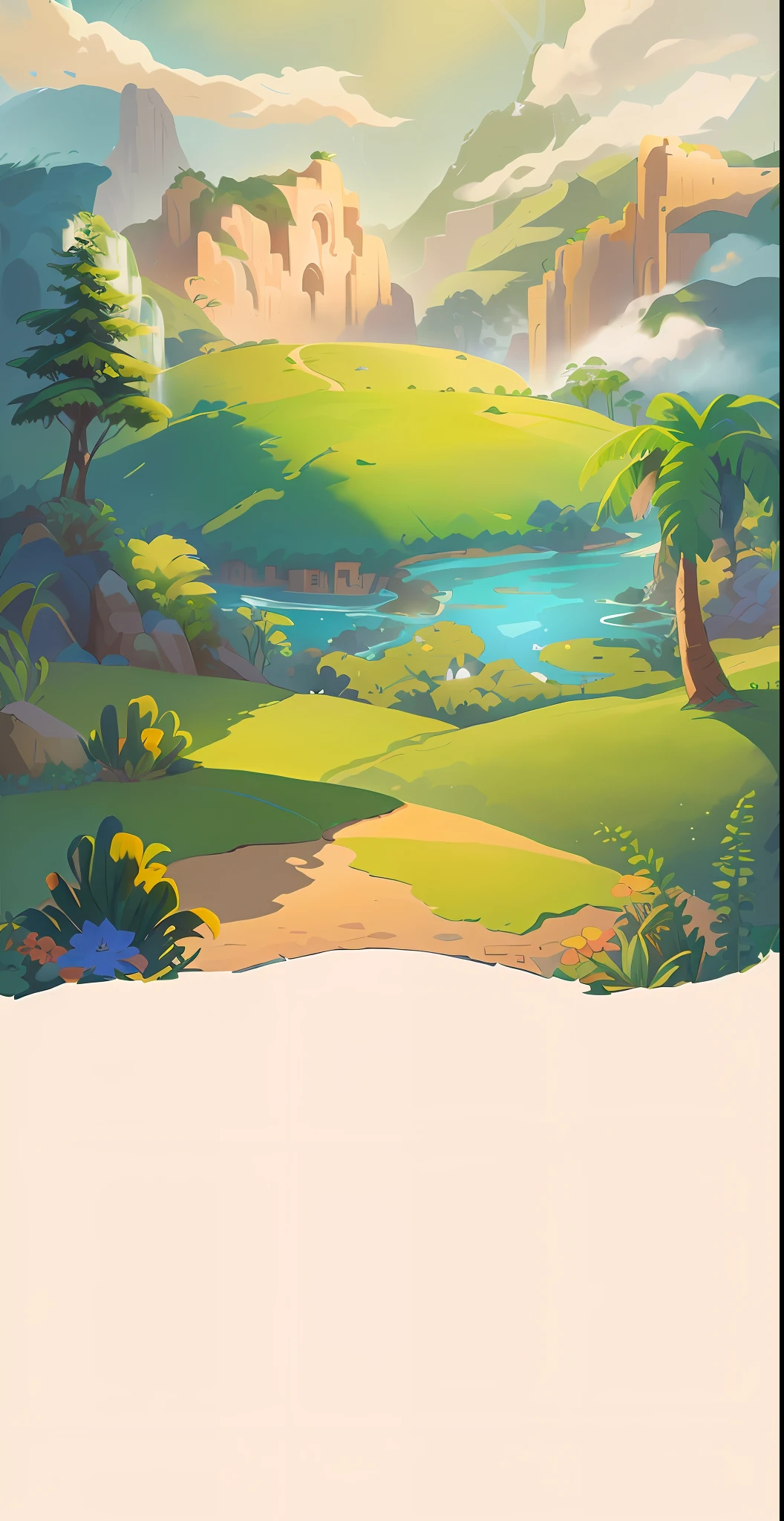 Beautiful mountain landscape with cartoon illustration of river and trees, arte de fundo, Mobile game background, background artwork, Island background, background jungle, 2 D game art background, desert oasis background, distant village background, fairy tale style background, jungle backdrop, Mobile game art, jungle background with ruins, natural landscape background, Landscape background, game background