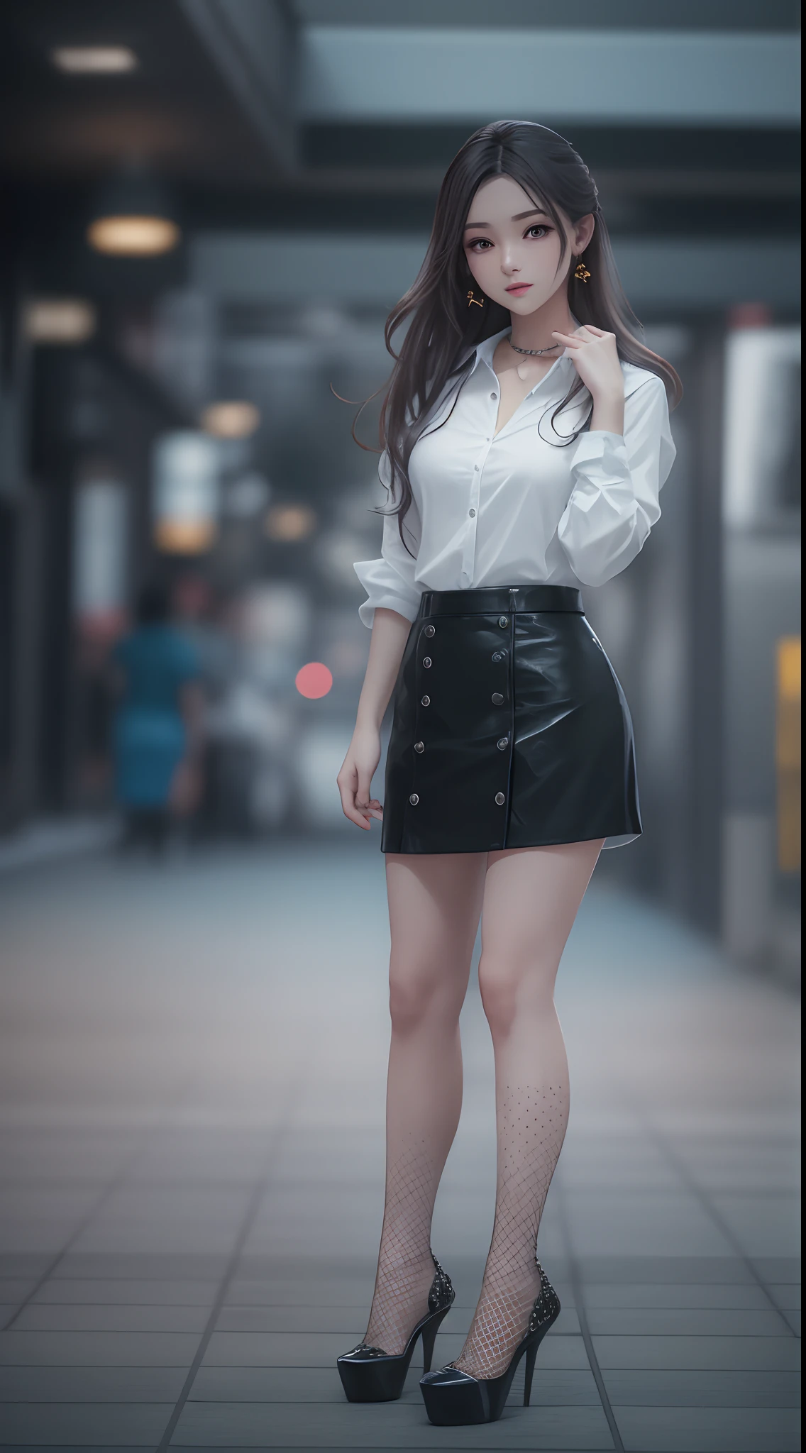 ((best qualtiy)), ((tmasterpiece)), (A detailed:1.4),((full bodyesbian)),Enhanced dynamic perspective,beautiful sexy girl,夏天,white shirt,Step skirt,high-heels,Black silk pantyhose,耳Nipple Ring,Come to me,Future sci-fi city street,Street photography,Bright colors,dream magical,optic,high qulity,super-fine,Detailed pubic hair,Accurate,Cinematic lighting,OC renderer