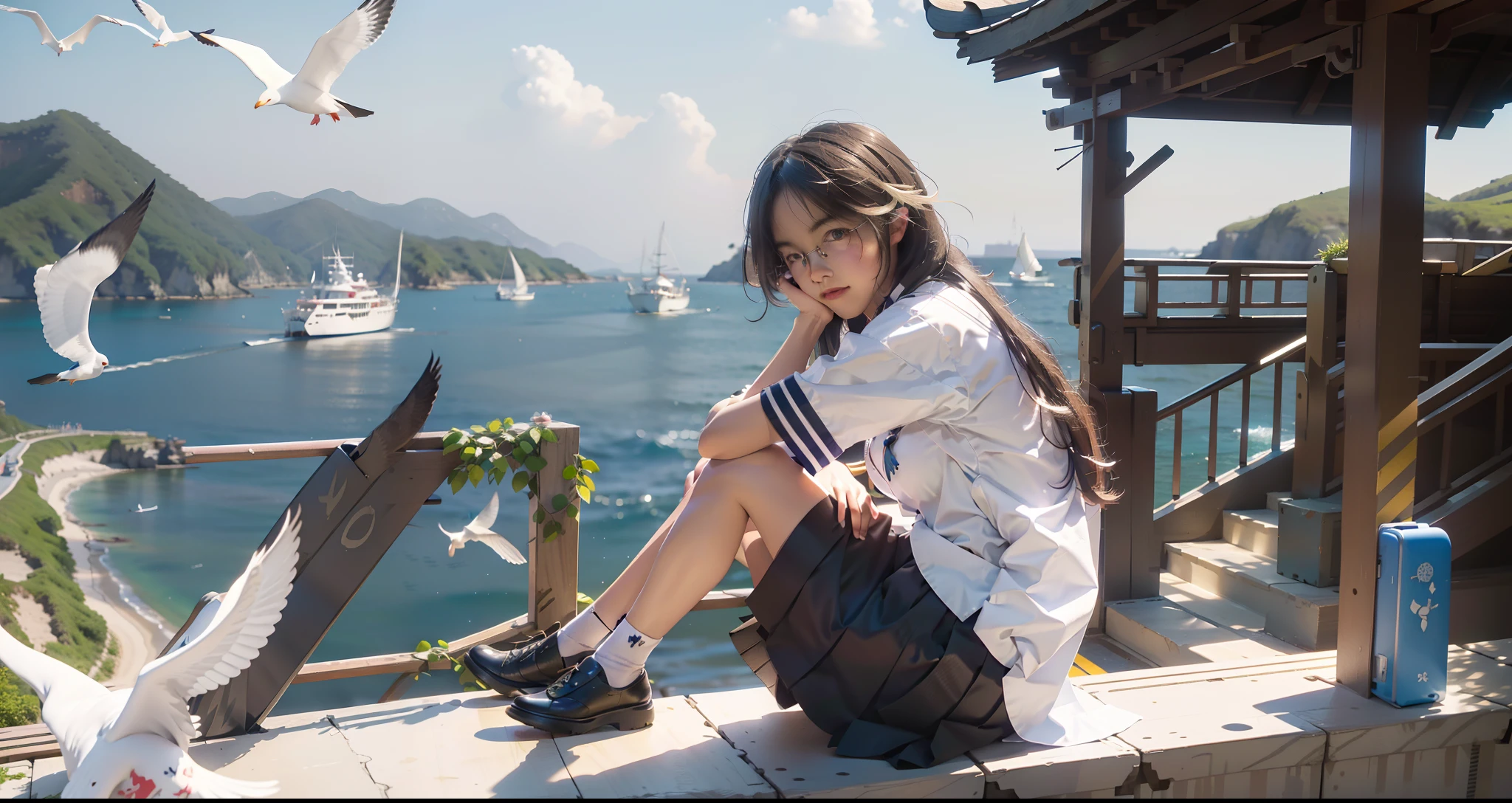 In a Japanese anime style,A girl sits on an embankment by the sea,Wear a student uniform,Long hair flutters in the wind,There are boats and seagulls in the distance,Blue sea