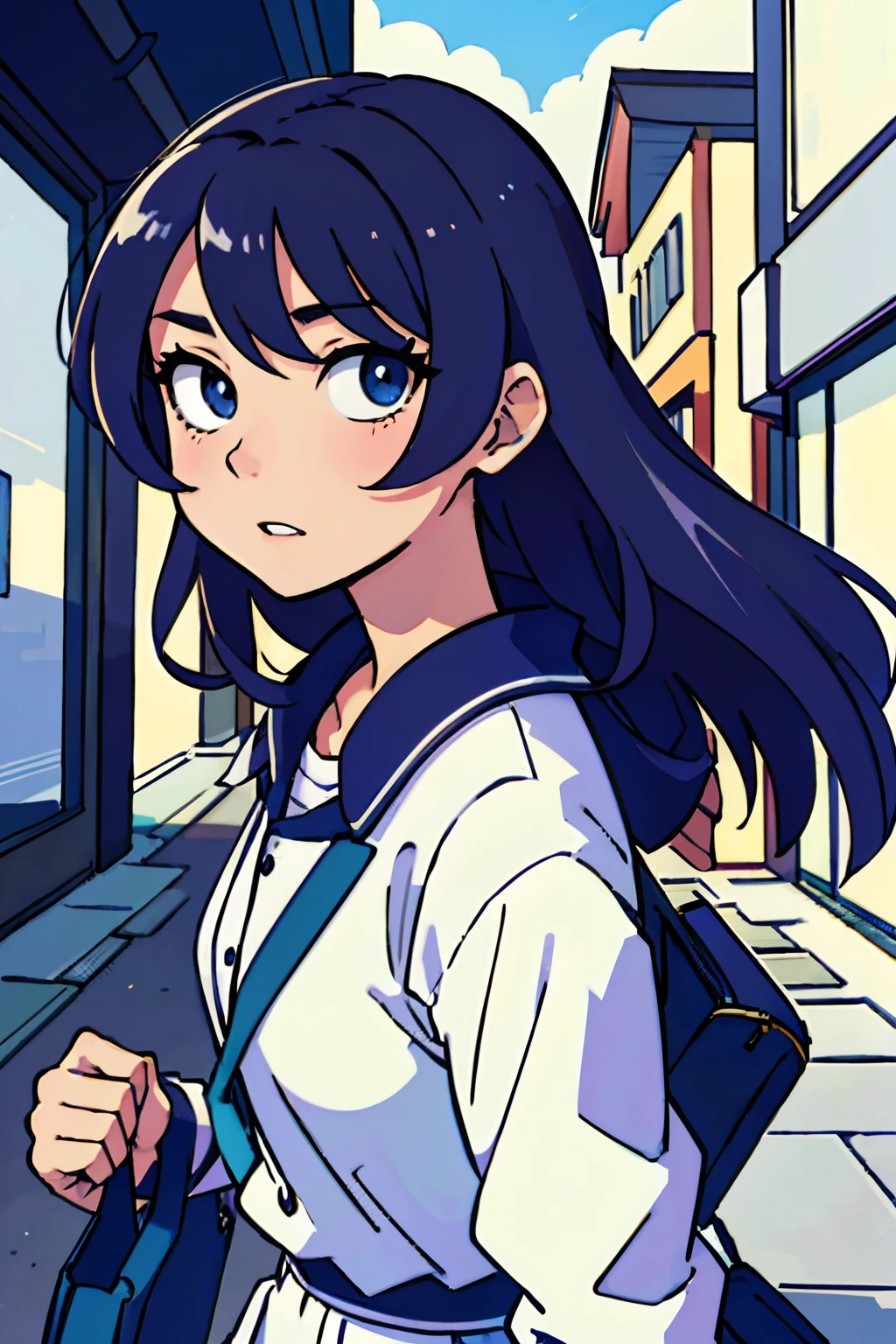 Brown skin girl with long dark blue hair and a sleeveless dress Soul eater art style