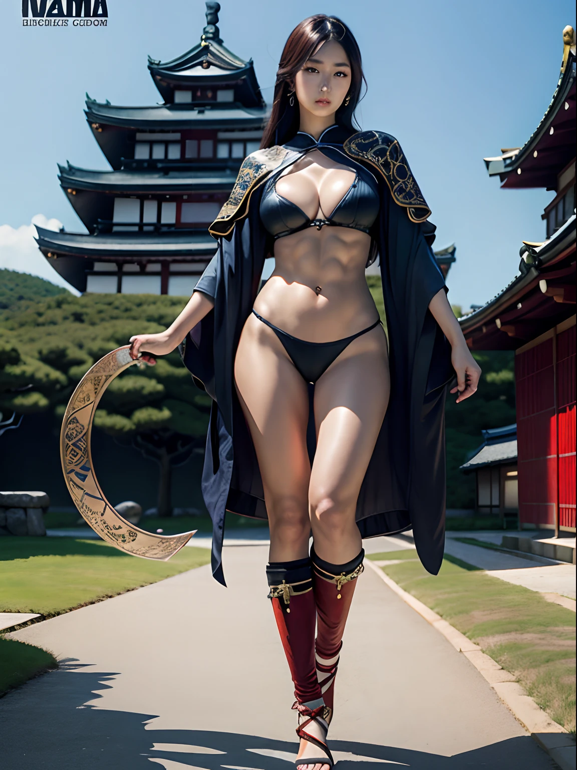 Split abs, large full breasts, Best Quality, masutepiece, 超A high resolution, (Photorealistic:1.4), arma, Detailed face, 1girl in, Japanese Katana Sword, cleavage, (Magic Circle:1.2), a beauty girl, Full body, Japanese castle, Edo-period houses in Japan, ninjartist, Fantasy, High quality, ultra detailed in 4k, 8K, High resolution, fantasy coverart style, medieval times, Sharp Focus, depth of fields.