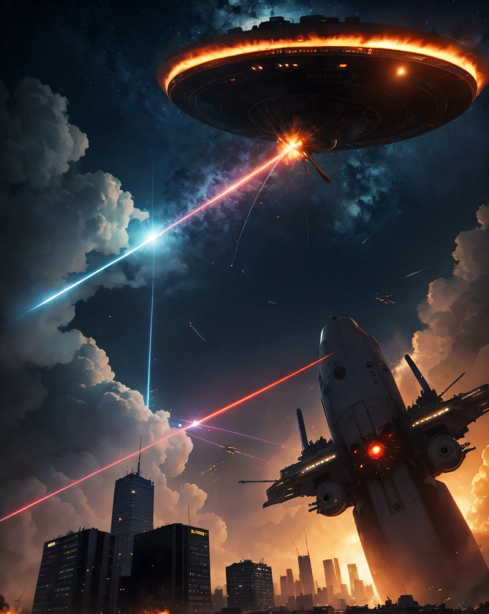 An illustration of a scene in the movie "Independence Day" in which aliens attack major cities in each country with their main guns.

An alien mothership floats above the Earth.
A huge laser cannon is fired from the mothership.
Laser cannons are hitting major cities such as Tokyo, London, Paris and Washington.
The city is being destroyed by laser cannon attacks.
People are being killed by laser cannon fire.
The world is in turmoil due to an alien attack.
This illustration depicts the climax scene of the movie "Independence Day". An alien mothership is hovering over Earth, firing huge laser cannons and attacking major cities. Cities are being destroyed by laser cannon attacks.

This illustration depicts an alien threat.