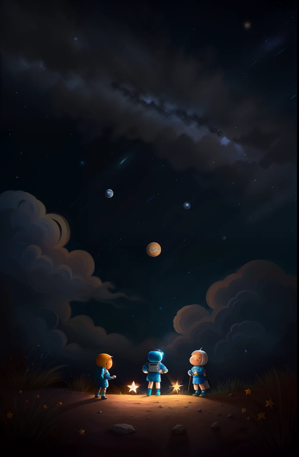 Cartoony,kosmos ,Blue starry sky,Jupiter,The astronaut,stickfigure,Children's drawing,