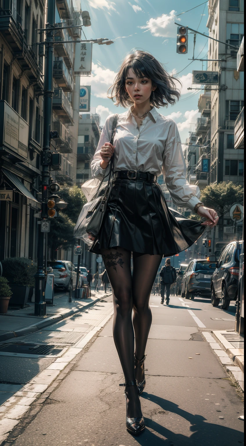 （（best qualtiy））， （（tmasterpiece））， （A detailed：1.4），（（full bodyesbian）），Enhanced dynamic perspective，beautiful sexy girl，夏天，white  shirt，Step skirt，high-heels，Black silk pantyhose，耳Nipple Ring，Come to me，Future sci-fi city street，Street photography，Bright colors，dream magical，optic，high qulity，super-fine，Detailed pubic hair，Accurate，Cinematic lighting，OC renderer