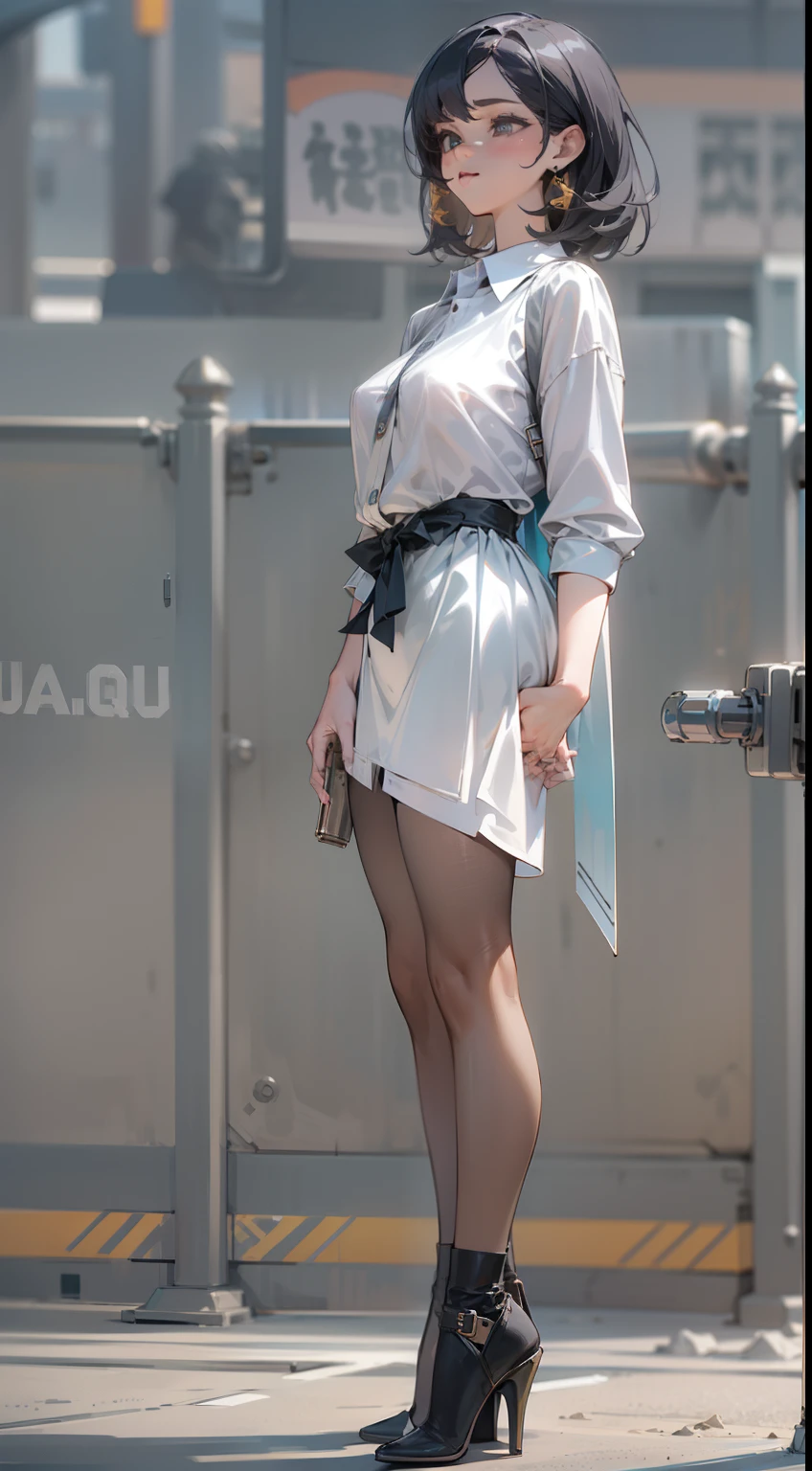 （（best qualtiy））， （（tmasterpiece））， （A detailed：1.4），（（full bodyesbian）），Enhanced dynamic perspective，beautiful sexy girl，夏天，white  shirt，Step skirt，high-heels，Black silk pantyhose，耳Nipple Ring，Come to me，Future sci-fi city street，Street photography，Bright colors，dream magical，optic，high qulity，super-fine，Detailed pubic hair，Accurate，Cinematic lighting，OC renderer