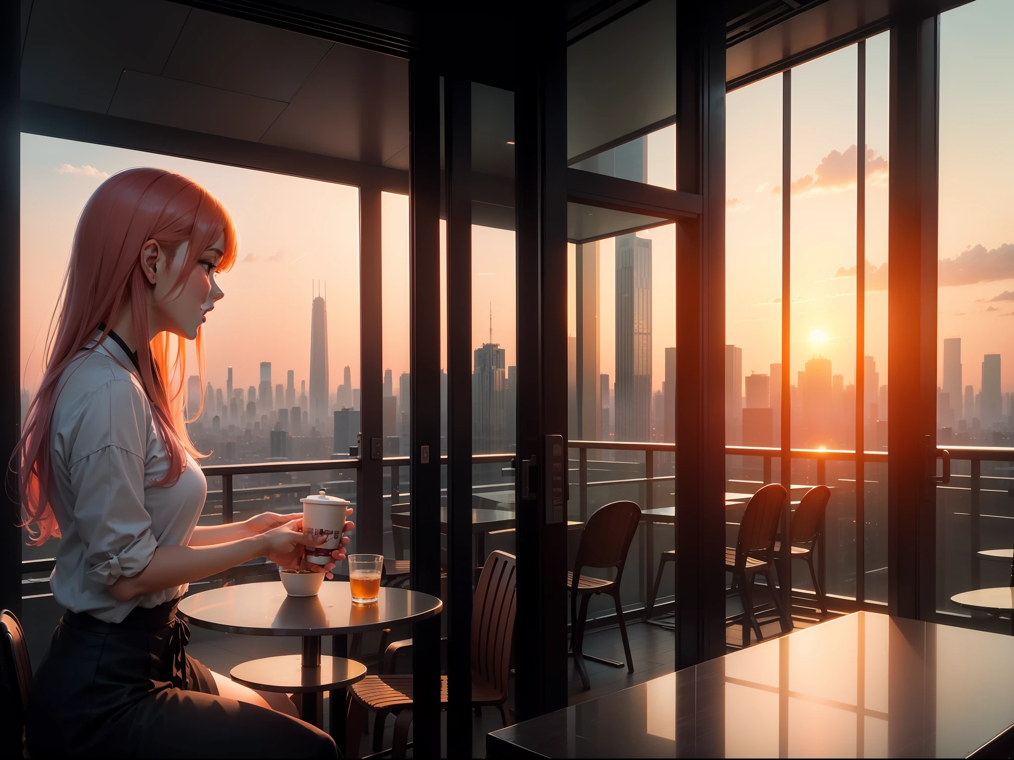at the sunset, 城市, Skyscrapers, a person々Flow of, Building windows, Warm light, Walkway, a person々, cafe terrace, Friends, Laughing, Skysky, an orange, pink there, tints, Urban hustle and bustle, Beautiful sunset, harmony