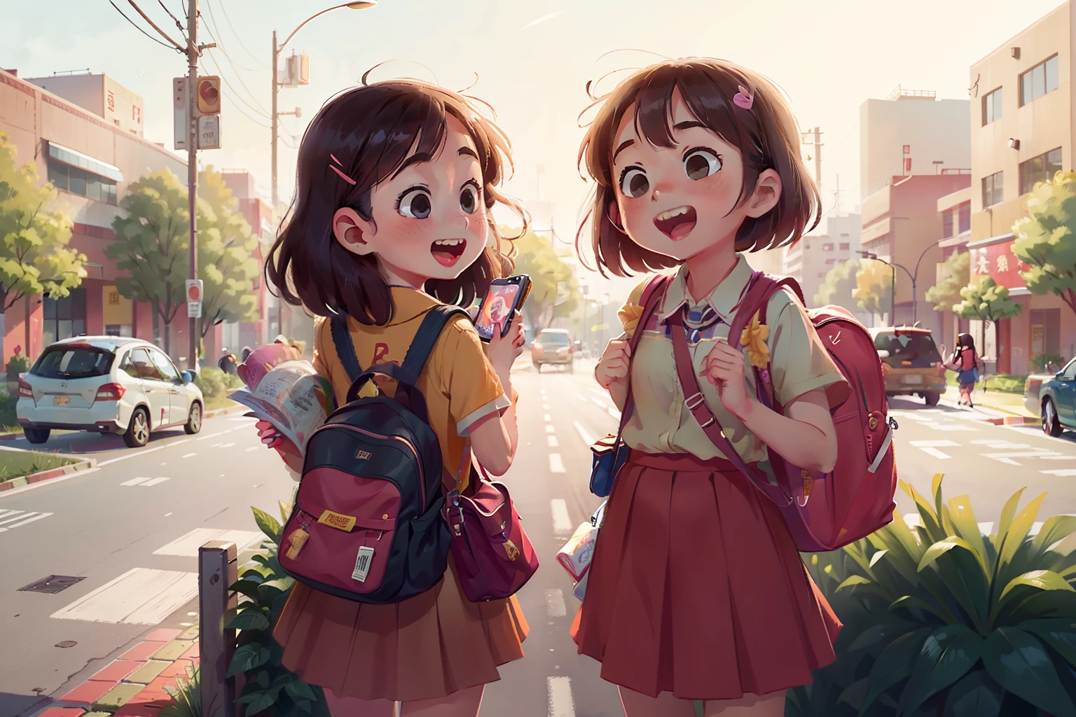 High school students in China，twogirls，wearing school bag，On the way home，Communication，laughingly，