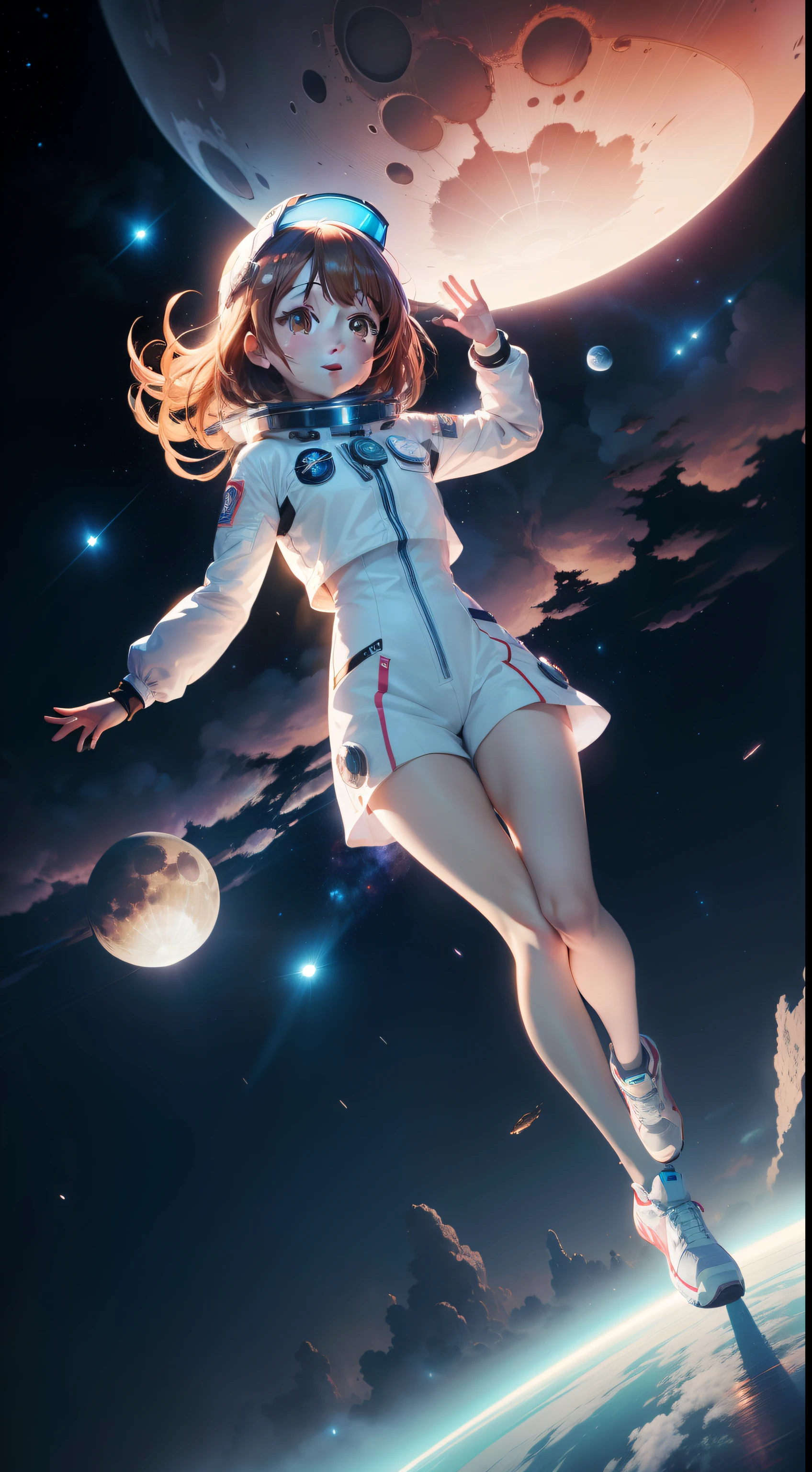 Anime Artwork, Art by Yuka Fujikawa and Tatsuya Endo, Ochaco Uraraka as an Astronaut, drifting through a Nebula, Debris floating around, Giant detailed Moon in the Background, vanishing pose, Clamp Style, intricate lineart, iridescent colors, 8K