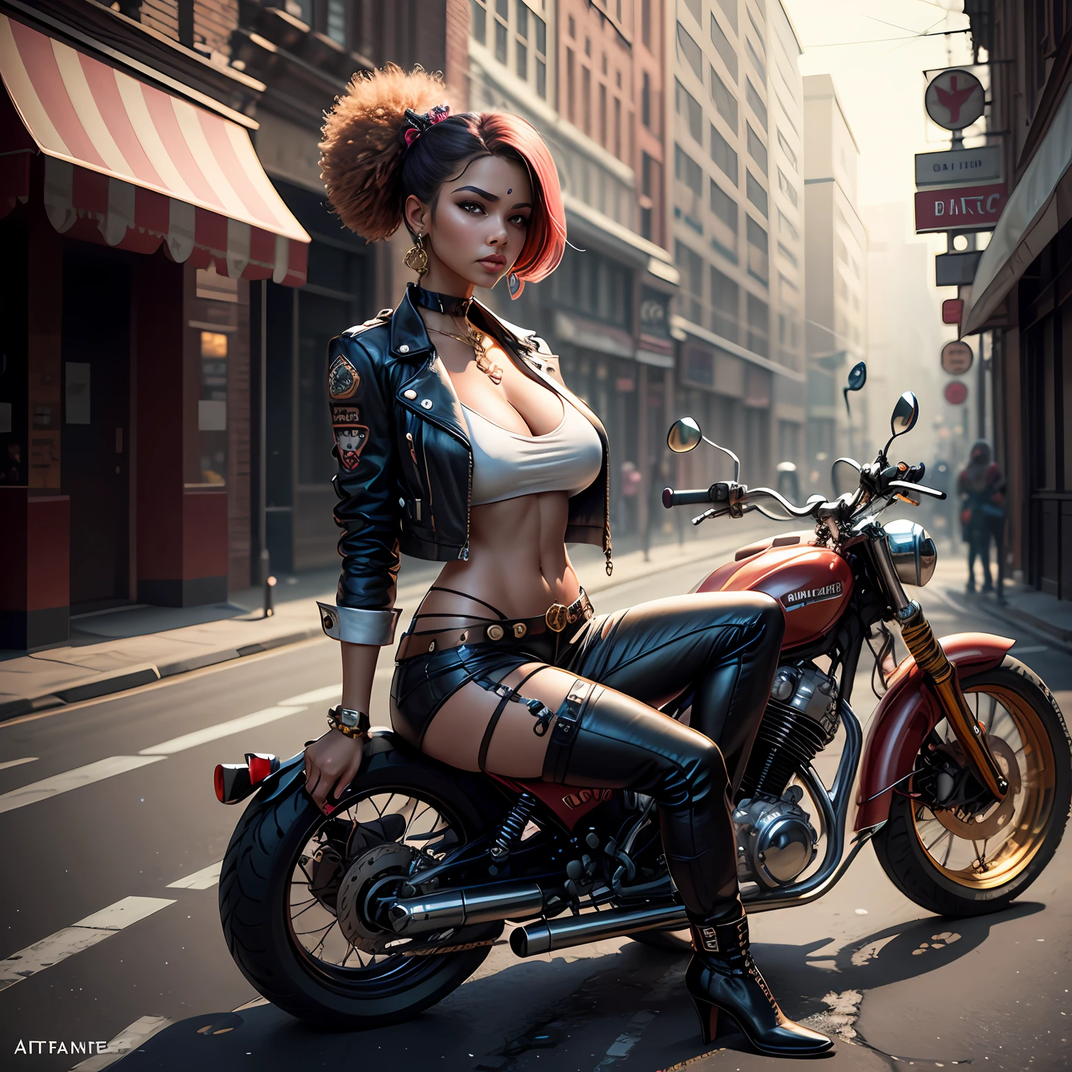 There's a sexzy indian 1woman with a steam-powered dusky skin, with big boobs,Royal look, arte conceitual street punk, sexzy full body view top to bottom, sitting in futurastic neon style transformation motor bike,fog background,arte street punk digital, arte street punk urban city area, Wojtek FUS, arte digital steampunk, detailed wild steampunk illustration, Portrait of a gold and copper chained woman, arte street punk, estilo de arte dieselpunk, cyberpunk street punk, estilo de fantasia street punk, Arte digital altamente detalhada em 4k, sci-fi street punk