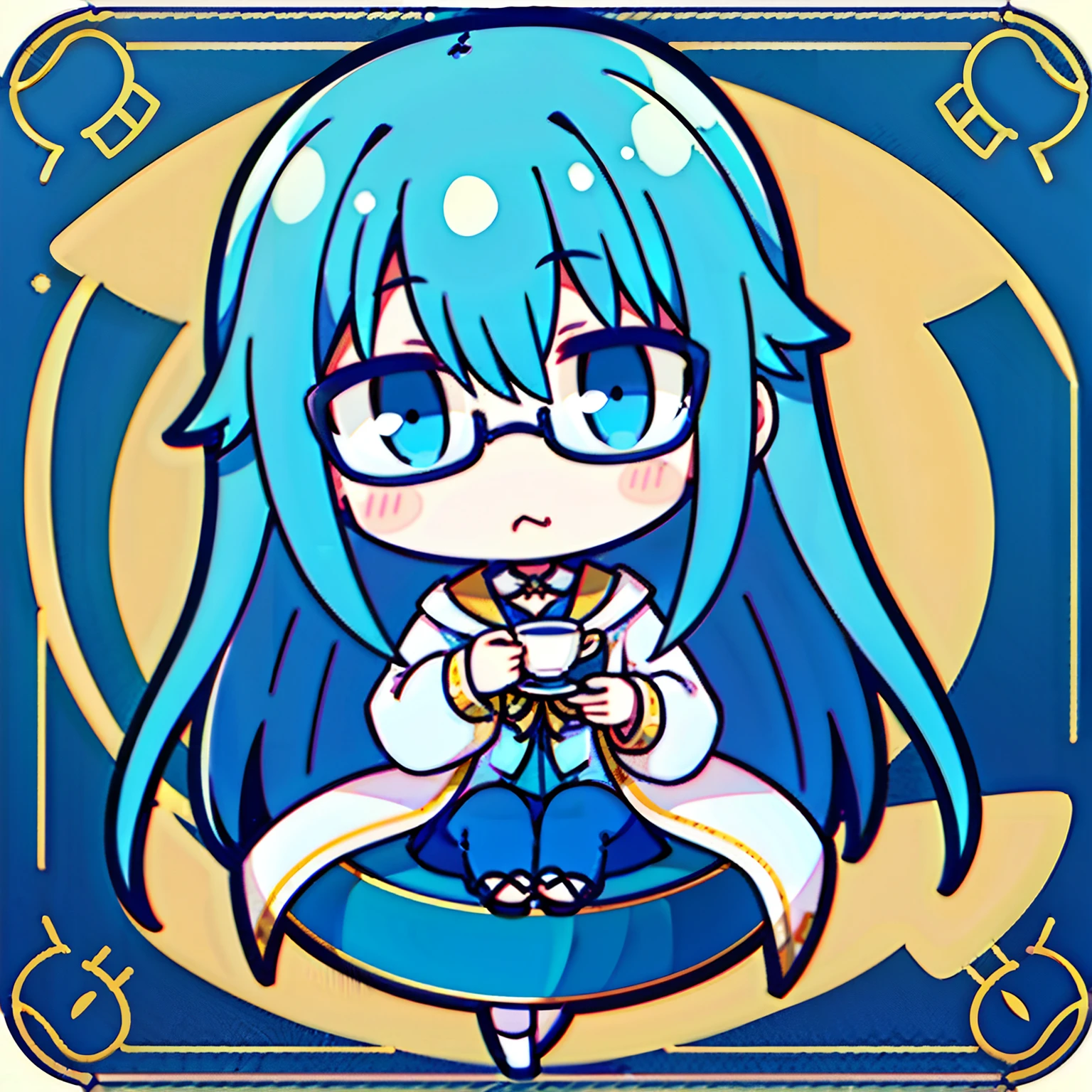 1girll,blue long hair,Gold-tone glasses,4k画质,whitesweater,Sit on a book,Pouting,Holding a teacup,The background is pure white