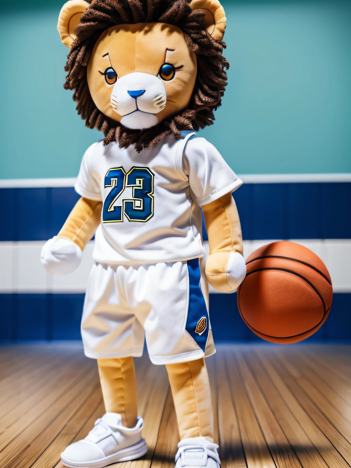 the Lion,plushies,Q version,Campus style,Basketball shorts,white clothes,solid color backdrop,full bodyesbian