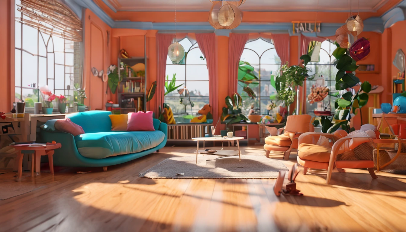 Front view of living room,There are beds,There was a sofa,There are windows,There is sun shine,There are paintings,There are flowers,There are tables and chairs。pixar-style,adolable,cartoony,super-fine,First perspective,Face,Candy color,3d,C4D clay material, 8K, A high resolution, Best quality, High details, Vivid colors,