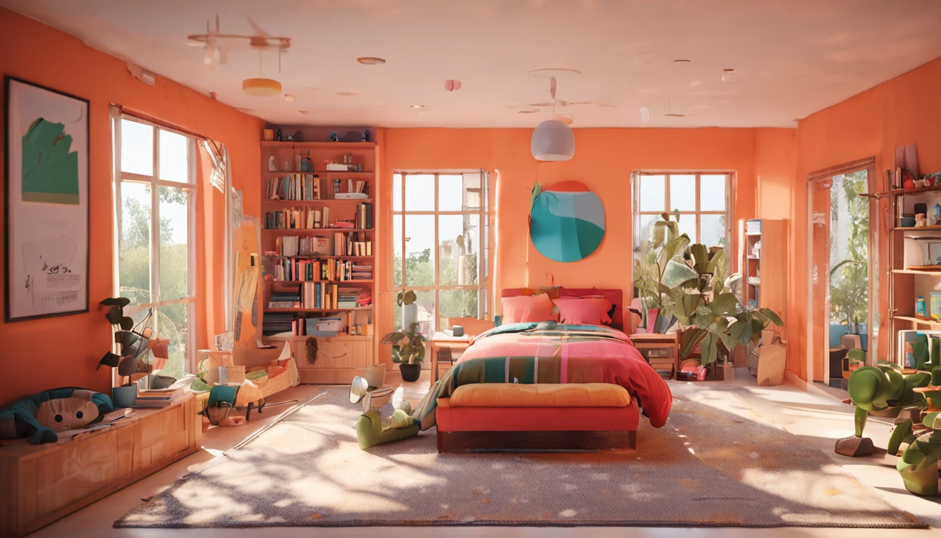 Front view of living room,There are beds,There was a sofa,There are windows,There is sun shine,There are paintings,There are flowers,There are tables and chairs。pixar-style,adolable,cartoony,super-fine,First perspective,Face,Candy color,3d,C4D clay material, 8K, A high resolution, Best quality, High details, Vivid colors,