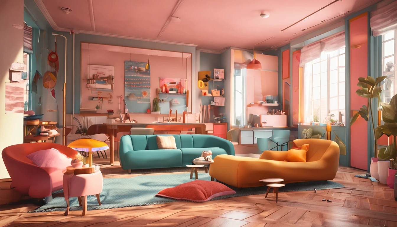 Front view of living room,There are beds,There was a sofa,There are windows,There is sun shine,There are paintings,There are flowers,There are tables and chairs。pixar-style,adolable,cartoony,super-fine,First perspective,Face,Candy color,3d,C4D clay material, 8K, A high resolution, Best quality, High details, Vivid colors,