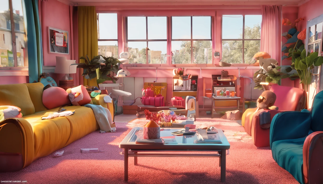 Front view of living room,There are beds,There was a sofa,There are windows,There is sun shine,There are paintings,There are flowers,There are tables and chairs。pixar-style,adolable,cartoony,super-fine,First perspective,Face,Candy color,3d,C4D clay material, 8K, A high resolution, Best quality, High details, Vivid colors,
