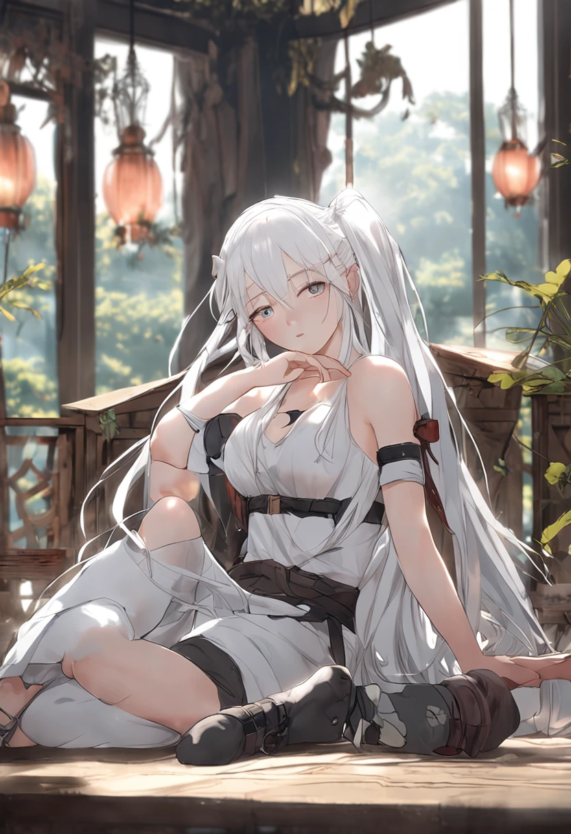 White hair, white skin, , sitting cross-legged, bare breast, superb and exquisite