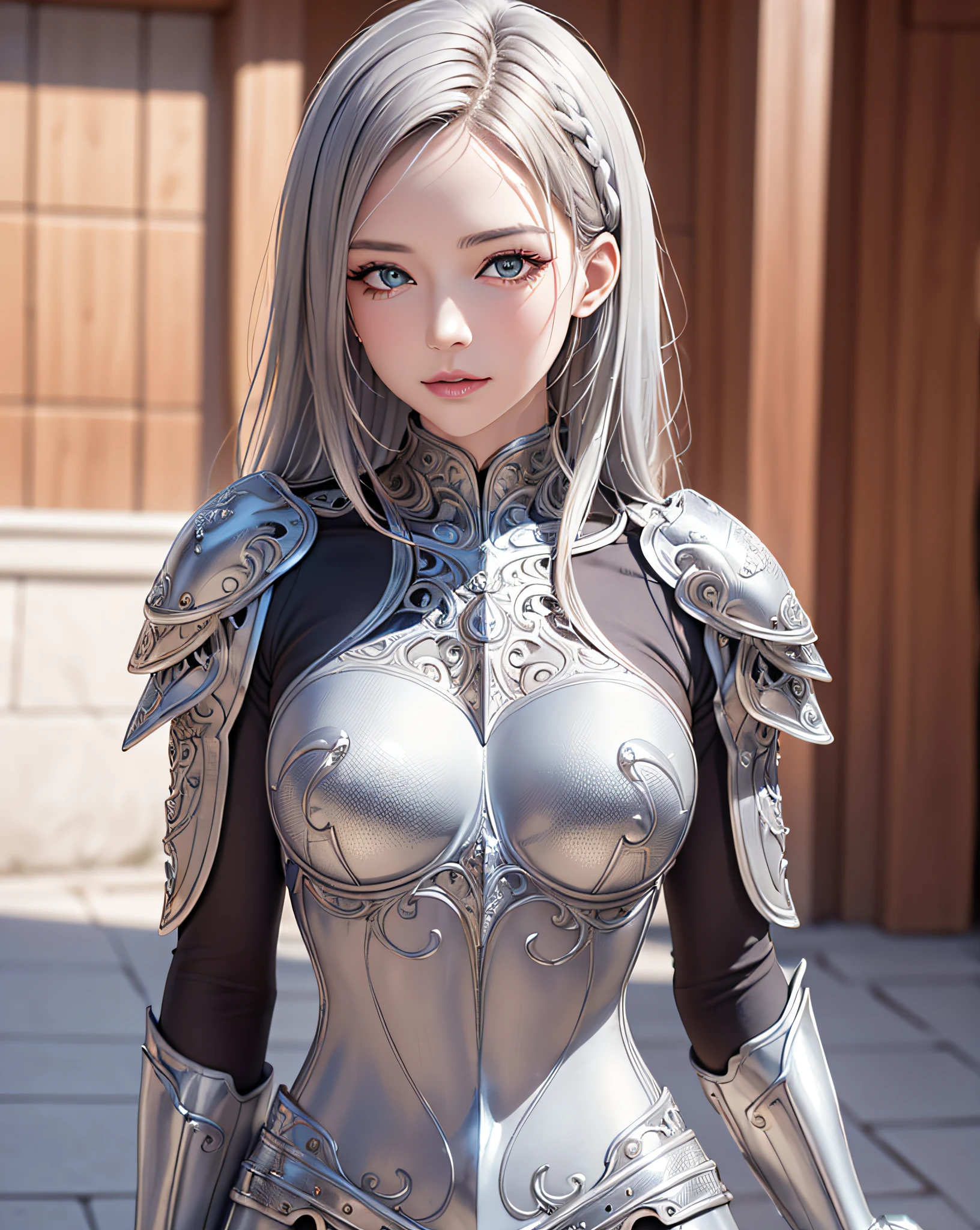 (masterpiece, best quality),(extremely intricate:1.3), (realistic), 1girl, milf, caucasian, green eyes, perfect eyes, perfect iris, perfect pupils, perfect lips,perfect nose, perfect hands, very detailed hands, perfect fingers, black hair, short hair, straight hair, small braid in her hair, (medieval armor), metal reflections, (((silver armor))), outdoors, far away castle, (ornately decorated armor), (insanely detailed, bloom:1.5), chainmail, intense sunlight, professional photograph of a stunning woman detailed, sharp focus, award winning, cinematic lighting, blurry background, upper body, ((confident)), (Pose:looking at the camera),mecha