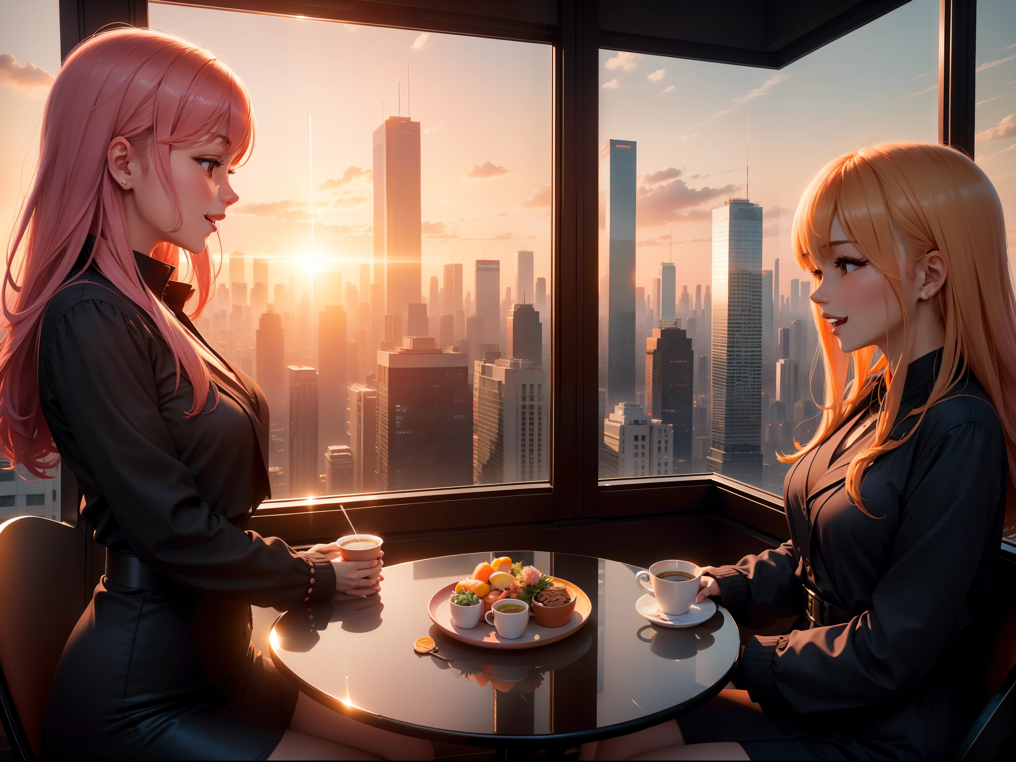 at the sunset, 城市, Skyscrapers, a person々Flow of, Building windows, Warm light, Walkway, a person々, cafe terrace, Friends, Laughing, Skysky, an orange, pink there, tints, Urban hustle and bustle, Beautiful sunset, harmony