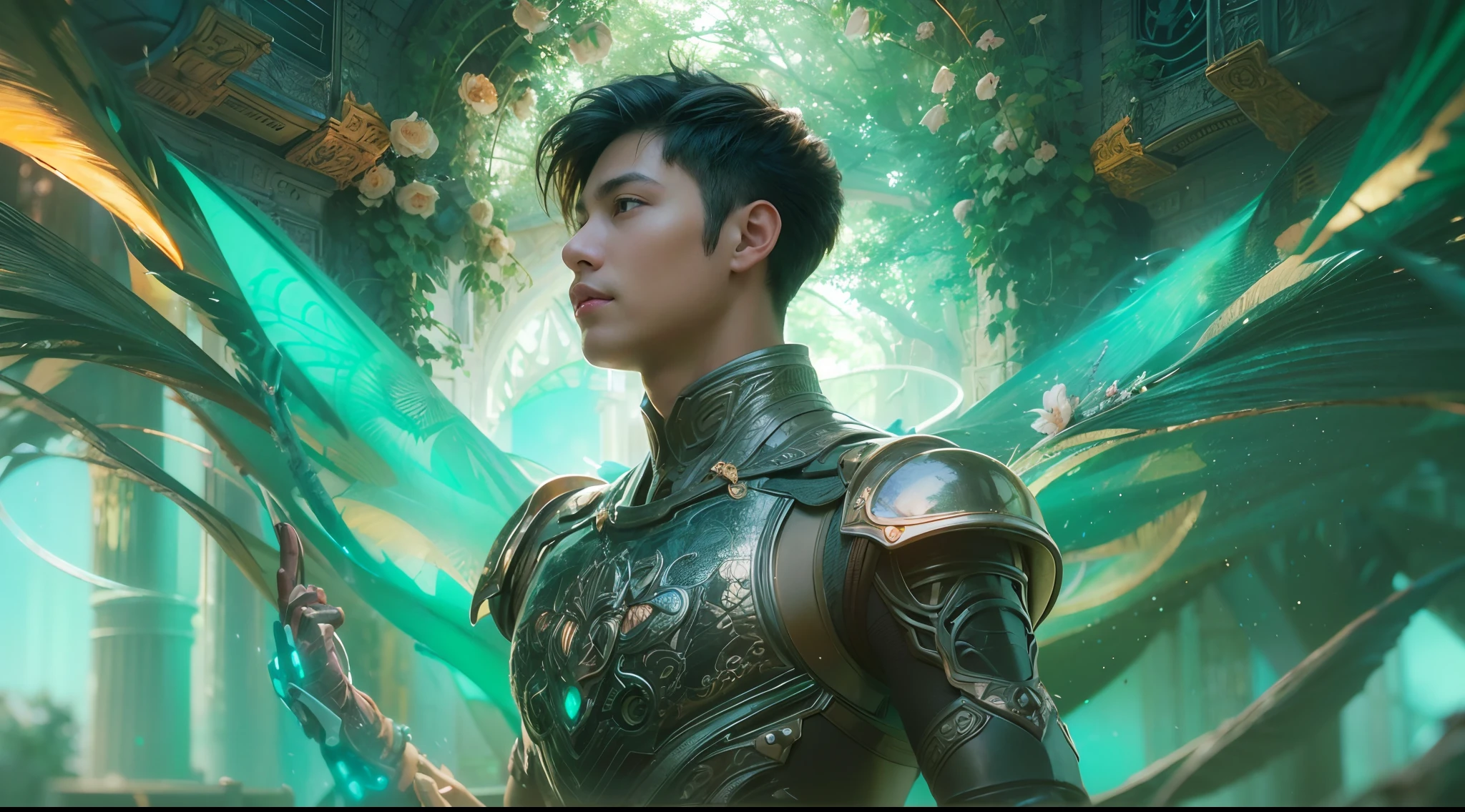 1boy, photo of very very handsome suave smiling young 25-year-old male Chinese prince, clothed in futuristic cybernetic armor, wearing a large futuristic crown, walking in an ethereal enchanted forest with neon glowing flowers and a rainbow in the sky, sci-fi, intricate, neon light, ((perfect face)), ((perfect hands)), ((perfect body)), ((correct anatomy)), ((ultra-realistic)), ((8k, UHD)), highly detailed, digital painting, artstation, concept art, human anatomy, soft light, smooth, illustration, art by tian zi and craig mullins and WLOP and alphonse mucha