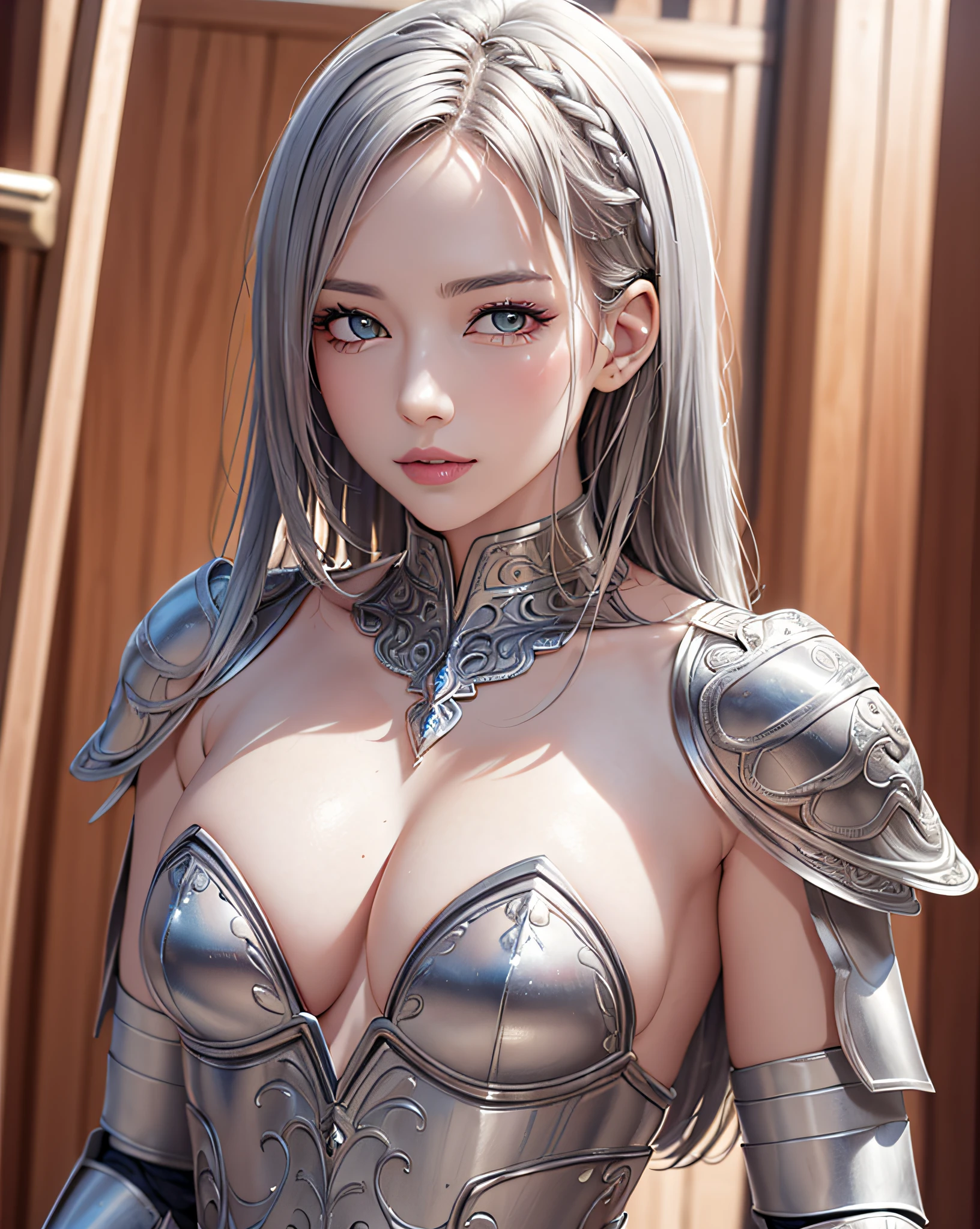 (masterpiece, best quality),(extremely intricate:1.3), (realistic), 1girl, milf, caucasian, green eyes, perfect eyes, perfect iris, perfect pupils, perfect lips,perfect nose, perfect hands, very detailed hands, perfect fingers, black hair, short hair, straight hair, small braid in her hair, (medieval armor), metal reflections, (((silver armor))), outdoors, far away castle, (ornately decorated armor), (insanely detailed, bloom:1.5), chainmail, intense sunlight, professional photograph of a stunning woman detailed, sharp focus, award winning, cinematic lighting, blurry background, upper body, ((confident)), (Pose:looking at the camera),mecha