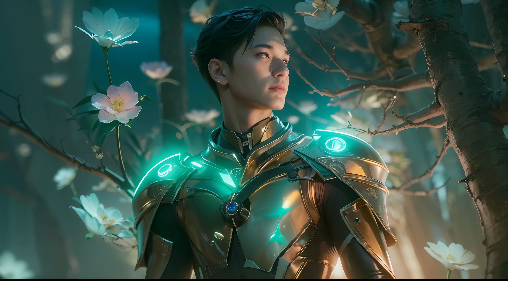 1boy, photo of very very handsome suave smiling young 25-year-old male Chinese prince, clothed in futuristic cybernetic armor, wearing a large futuristic crown, walking in an ethereal enchanted forest with neon glowing flowers and a rainbow in the sky, sci-fi, intricate, neon light, ((perfect face)), ((perfect hands)), ((perfect body)), ((correct anatomy)), ((ultra-realistic)), ((8k, UHD)), highly detailed, digital painting, artstation, concept art, human anatomy, soft light, smooth, illustration, art by tian zi and craig mullins and WLOP and alphonse mucha