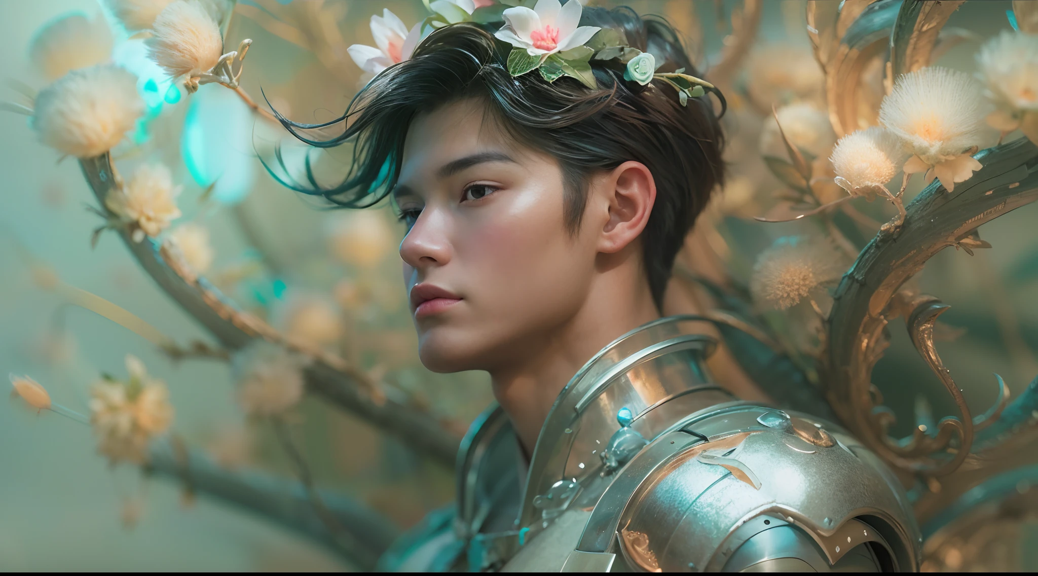 1boy, photo of very very handsome suave smiling young 25-year-old male Chinese prince, clothed in futuristic cybernetic armor, wearing a large futuristic crown, walking in an ethereal enchanted forest with neon glowing flowers and a rainbow in the sky, sci-fi, intricate, neon light, ((perfect face)), ((perfect hands)), ((perfect body)), ((correct anatomy)), ((ultra-realistic)), ((8k, UHD)), highly detailed, digital painting, artstation, concept art, human anatomy, soft light, smooth, illustration, art by tian zi and craig mullins and WLOP and alphonse mucha