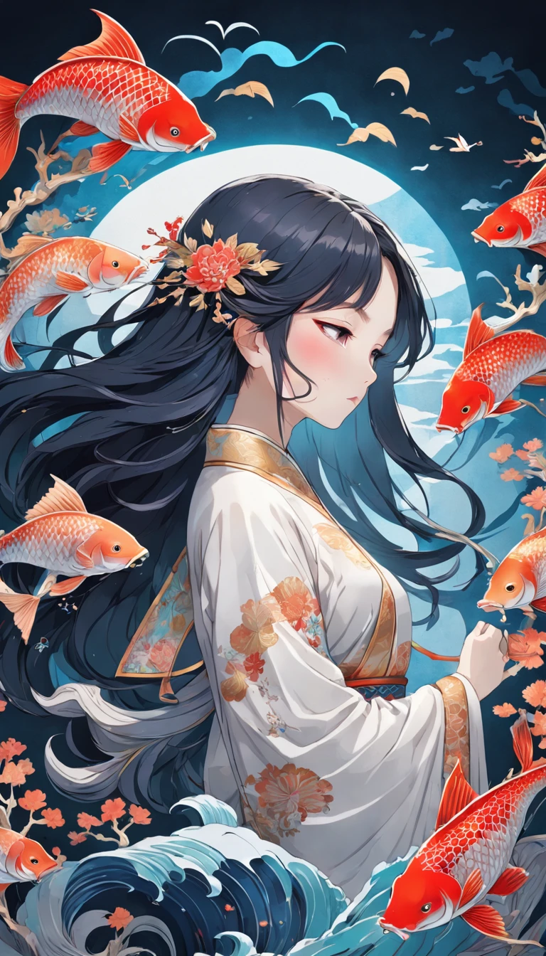 (White background:1.4),(Silhouette of a girl's head, Eyes closed, colorfull long hair, Oriental elements),(Chinese illustration:1.3,paper art:1.3, Quilted paper art:1.2),( reasonable design, Clear lines, High sharpness,Best quality, Very detailed, Masterpiece, movie light effect, 4K ),Full body photo,themoon,fish flocks,Frontal photo,A top-down view
